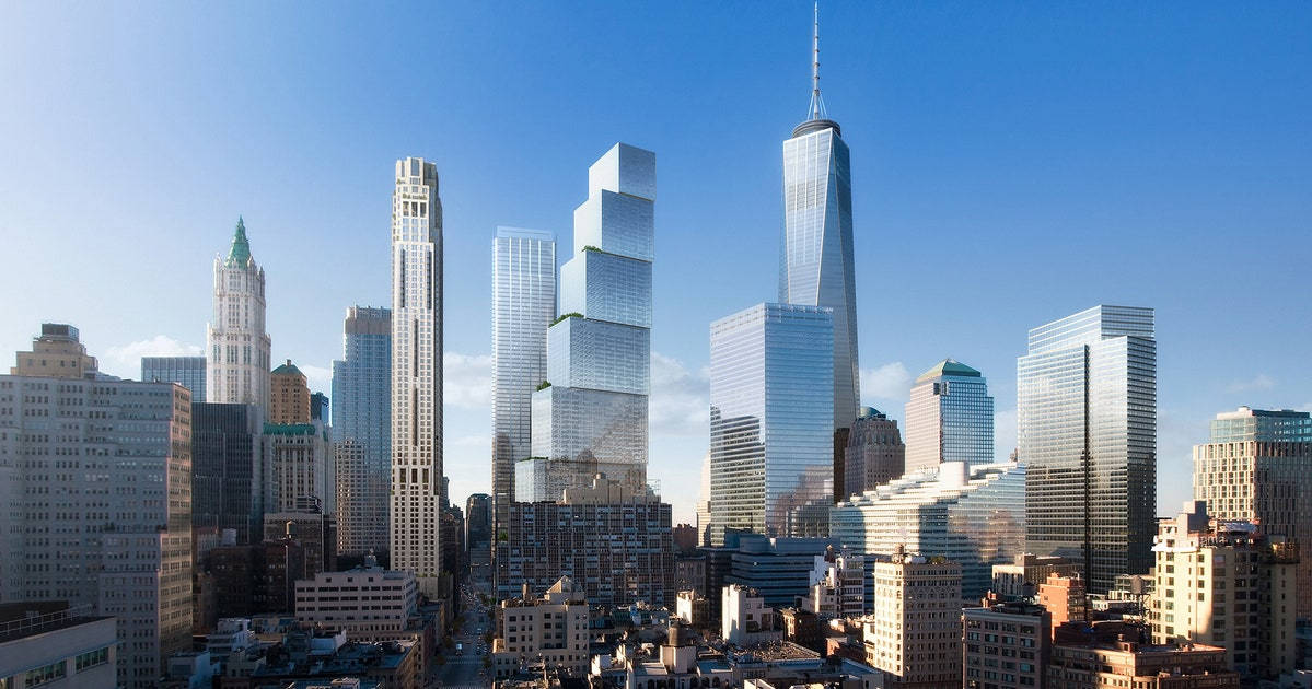 風景 桌布 壁紙 — 明亮的藍天下，密集的現代玻璃摩天大樓和歷史建築構成繁華的城市天際線。