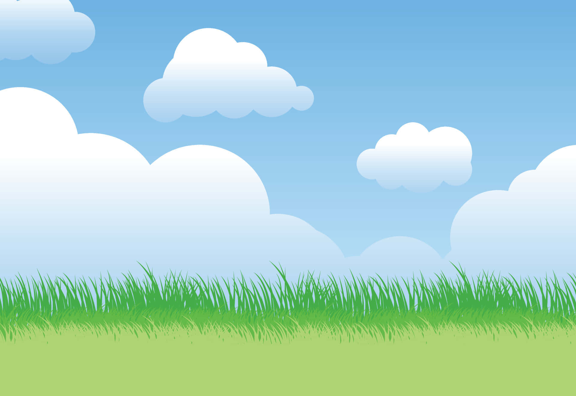 Green Grass 桌布 壁紙 — 明亮的藍天中飄著蓬鬆的白雲，下方是一片生機勃勃的綠色草地。