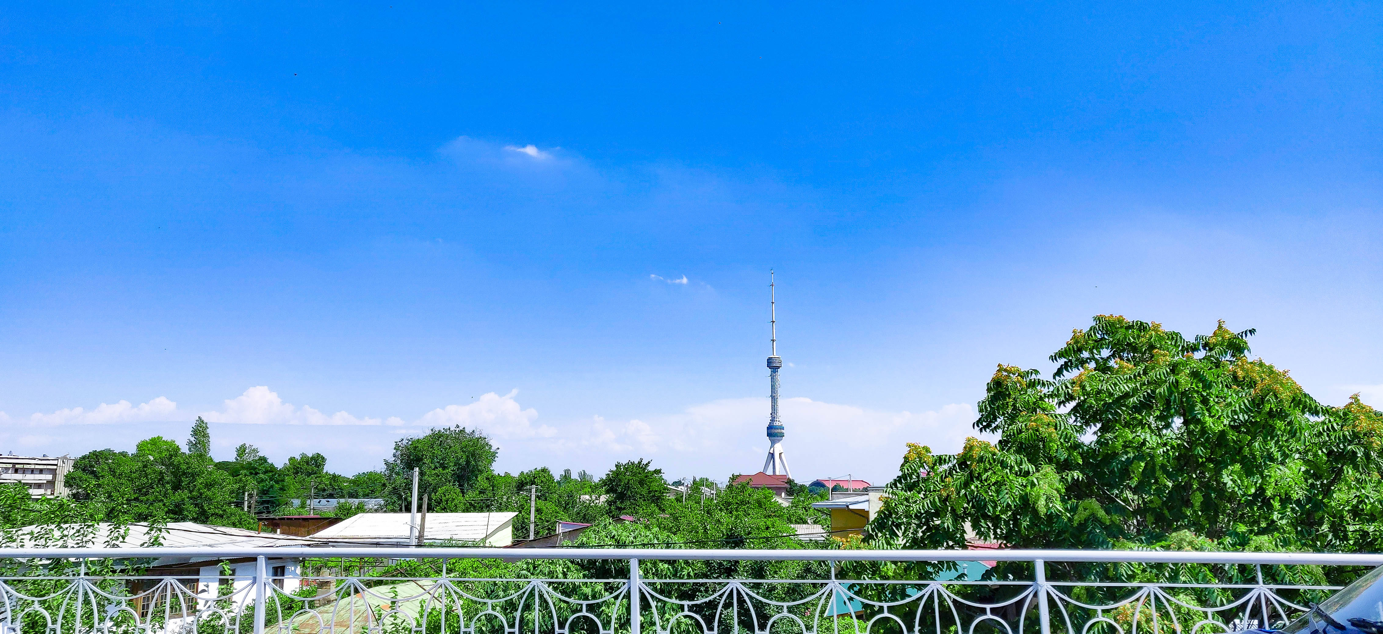 Uzbekistan 桌布 壁紙 — 明亮的藍天俯瞰著城市景觀，從陽台視角可以看到一座高塔聳立在茂密的綠樹和屋頂之上。