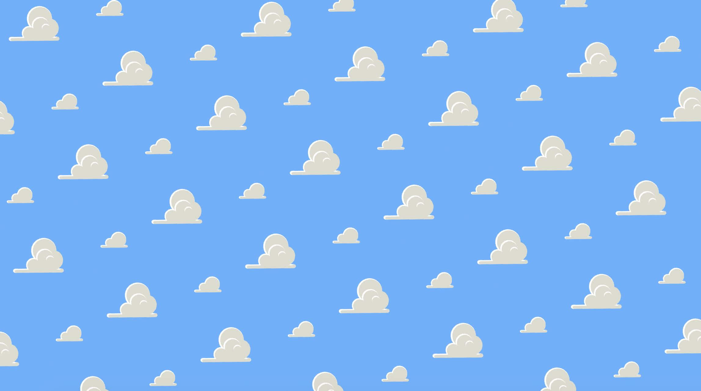 Toy Story Cloud 桌布 壁紙 — 明亮的藍天充滿了散落的柔軟白色卡通雲朵，形成重複圖案。
