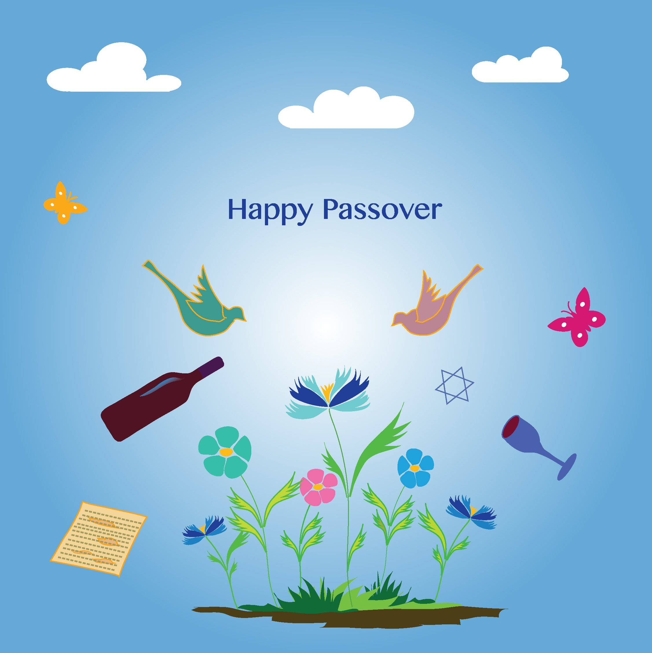 Passover 桌布 壁紙 — 明亮的藍天白雲背景下，漂浮的逾越節家宴物品、鳥兒和花朵構成神聖的逾越節場景。