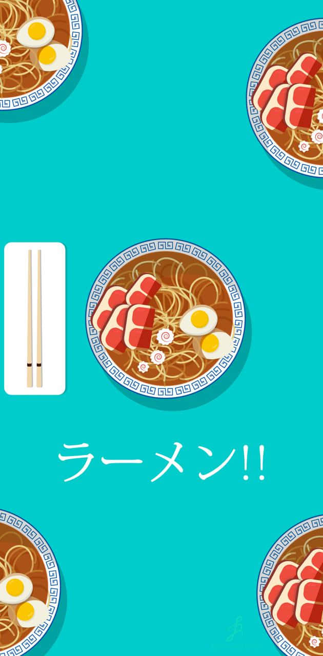 Noodles 桌布 壁紙 — 明亮的藍綠色背景上重複出現扁平設計的拉麵碗，碗中有豬肉片和溏心蛋。