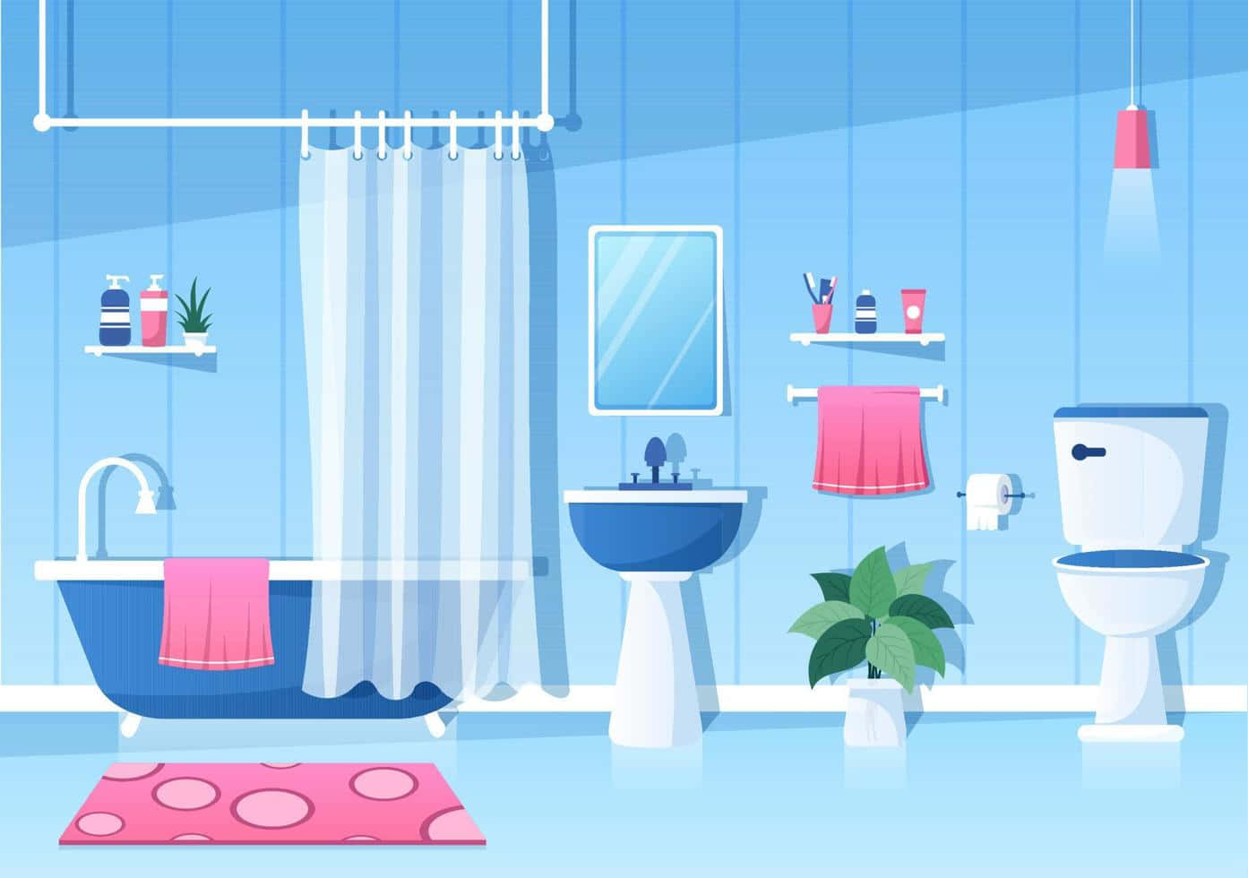 Bathroom Decor 桌布 壁紙 — 明亮的藍色浴室帶有粉紅色點綴，設有爪腳浴缸、鏡子、洗手盆、馬桶和盆栽植物，在柔和燈光下。