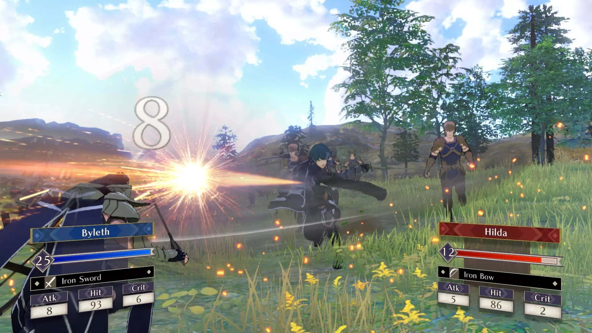 Fire Emblem Three Houses 桌布 壁紙 — 明亮的陽光照耀著草地，角色們在帶有UI覆蓋層和發光粒子的奇幻RPG中戰鬥。