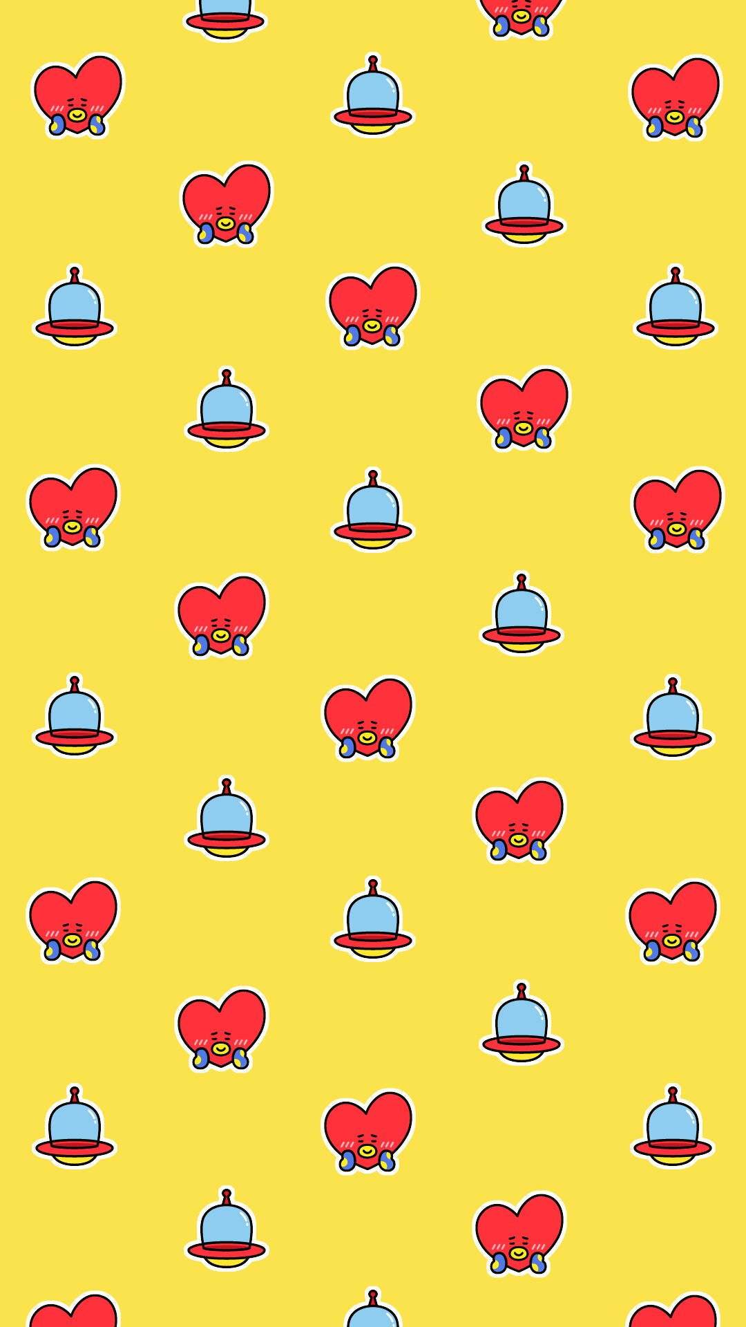 塔塔 BT21 桌布 壁紙 — 明亮的黃色壁紙，帶有重複的紅色哭泣心形和藍色鐘形圖案，形成俏皮的圖案。