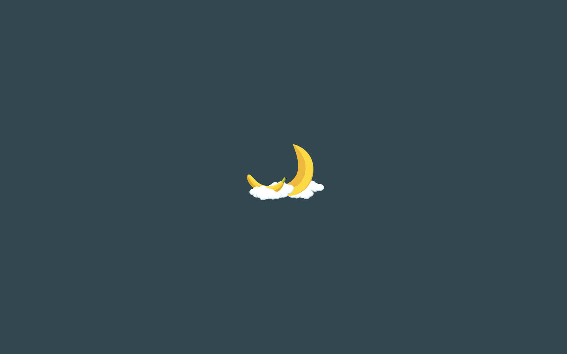 minimalistic 桌布 壁紙 — 明亮的黃色新月輕輕地躺在蓬鬆的白雲上，背景是深藍綠色的夜空。