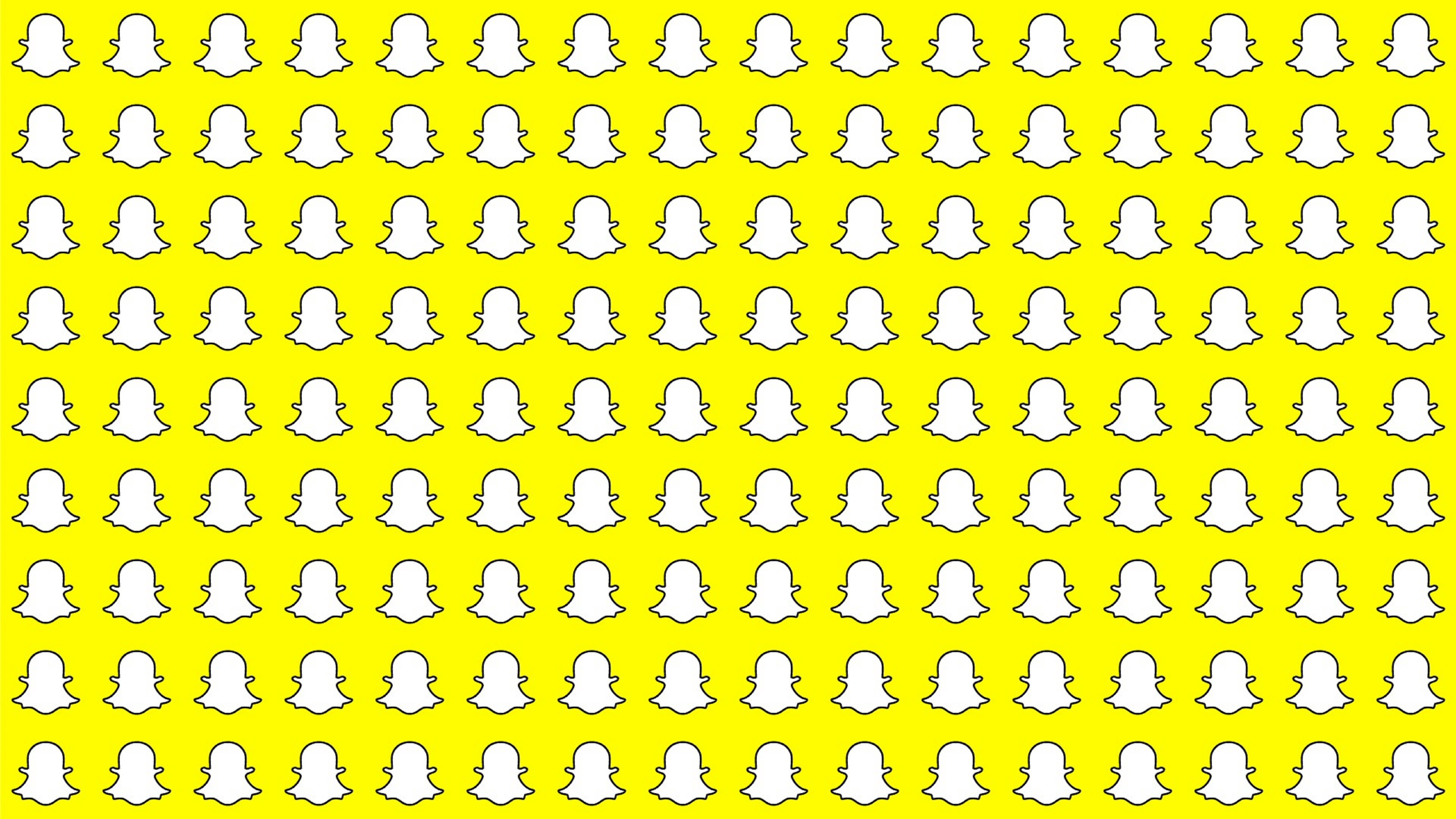 Snapchat 桌布 壁紙 — 明亮的黃色背景，充滿重複的白色Snapchat鬼魂標誌圖案。