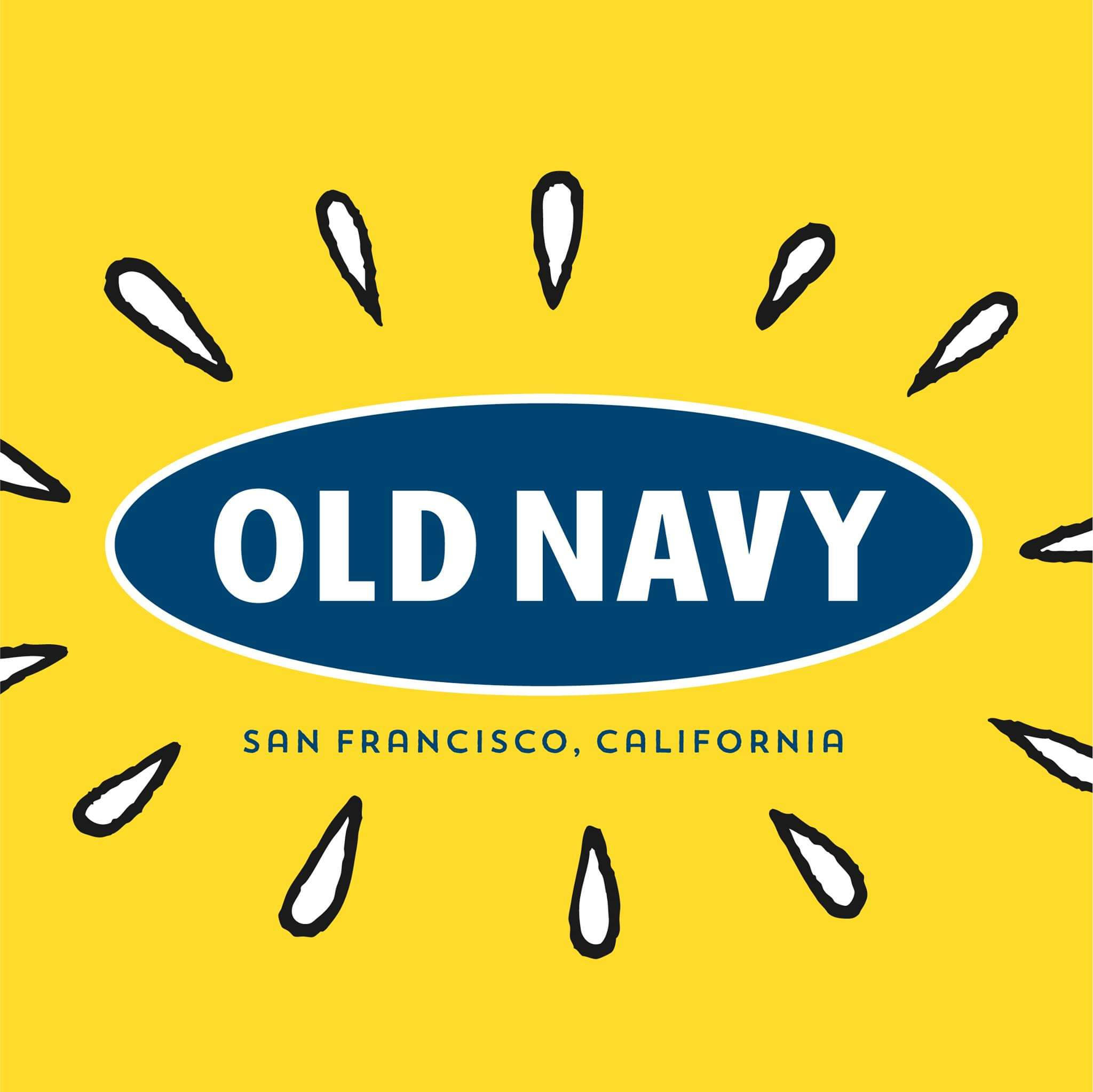 old 桌布 壁紙 — 明亮的黃色背景上有一個藍色橢圓形，內有白色「OLD NAVY」文字，周圍有太陽光線。