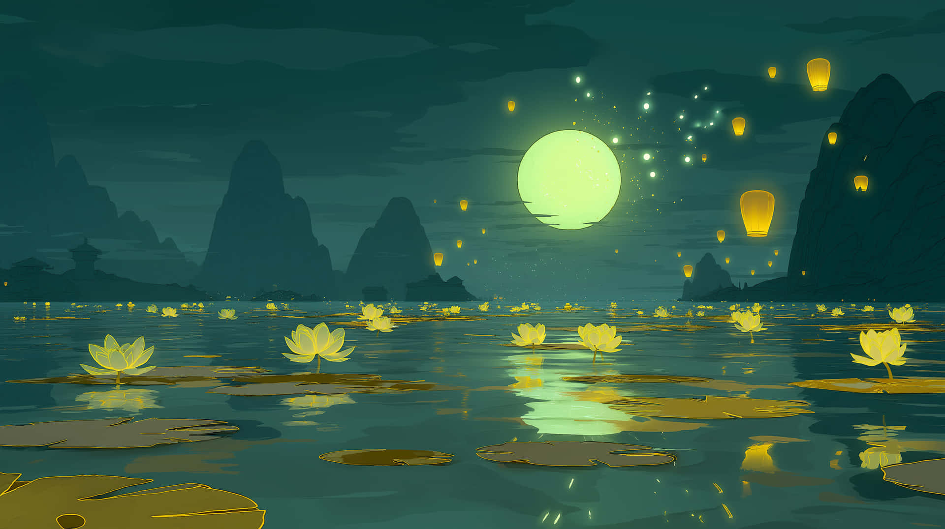 A glowing moon, lotus flowers floating on the water 壁紙 — 明亮的黃色蓮花漂浮在平靜的藍綠色水面上，在發光的月亮下，紙燈籠飄過霧氣繚繞的山巒。