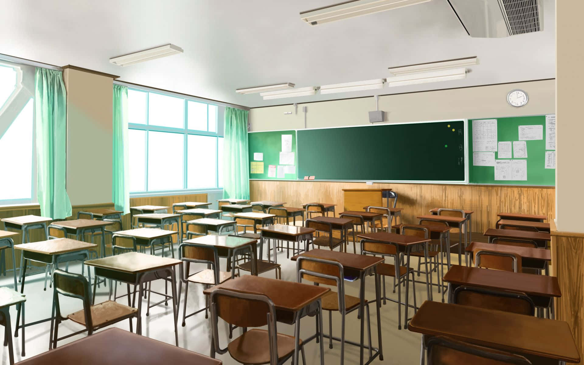 Anime Classroom 桌布 壁紙 — 明亮空曠的教室，配有木製桌椅、綠色黑板和讓自然光線透入的大窗戶。