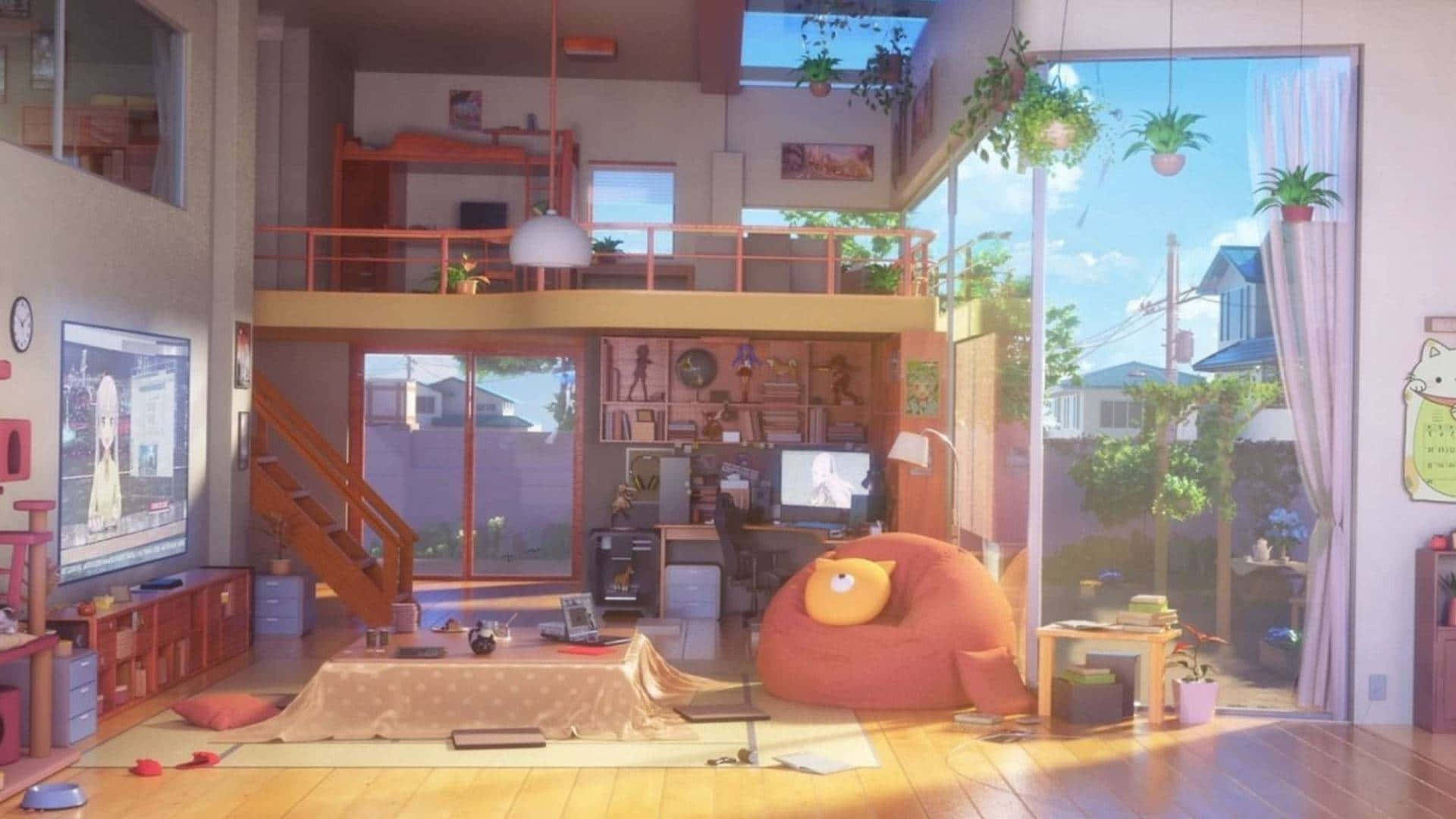 Cute Anime Bedroom 桌布 壁紙 — 明亮通風的閣樓公寓，充滿舒適的家具、植物，自然光線透過大窗戶灑入。
