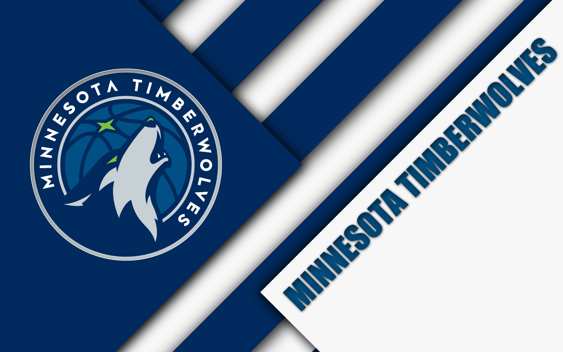 Timberwolves 桌布 壁紙 — 明尼蘇達灰狼隊標誌及球隊名稱以粗體藍白斜紋呈現於動態幾何背景上。