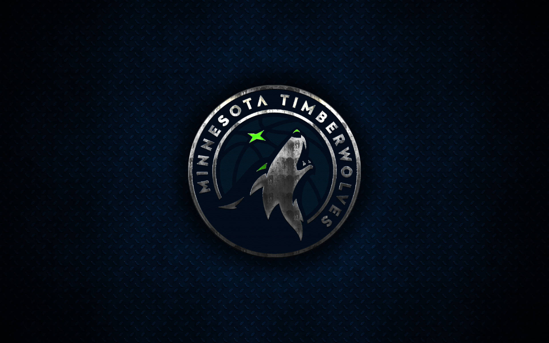 Timberwolves 桌布 壁紙 — 明尼蘇達灰狼隊標誌在帶有發光綠色星星的紋理深藍色背景上閃耀金屬光澤。