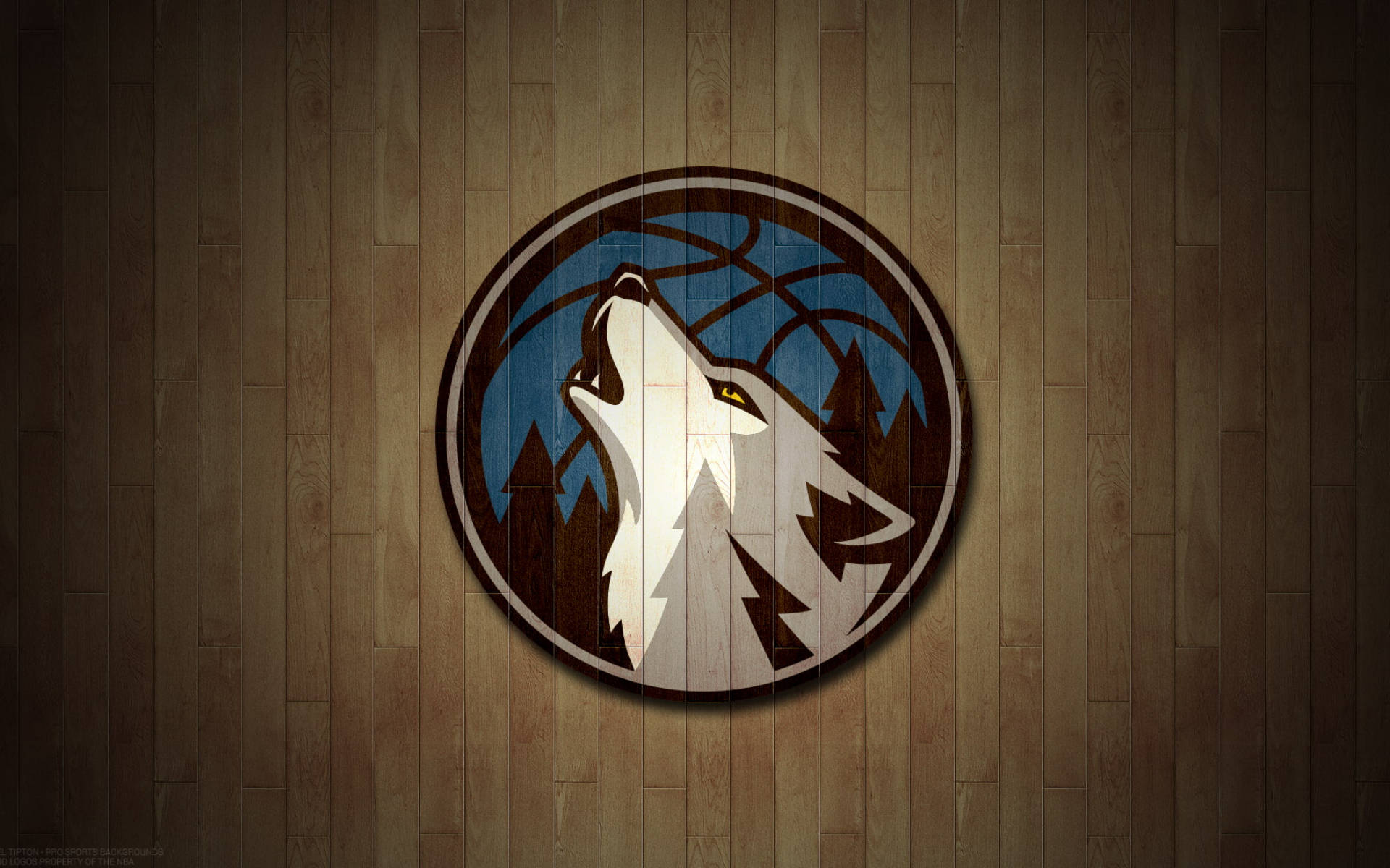 Timberwolves 桌布 壁紙 — 明尼蘇達灰狼隊籃球標誌，包含一隻嚎叫的狼和松樹，背景為木牆。