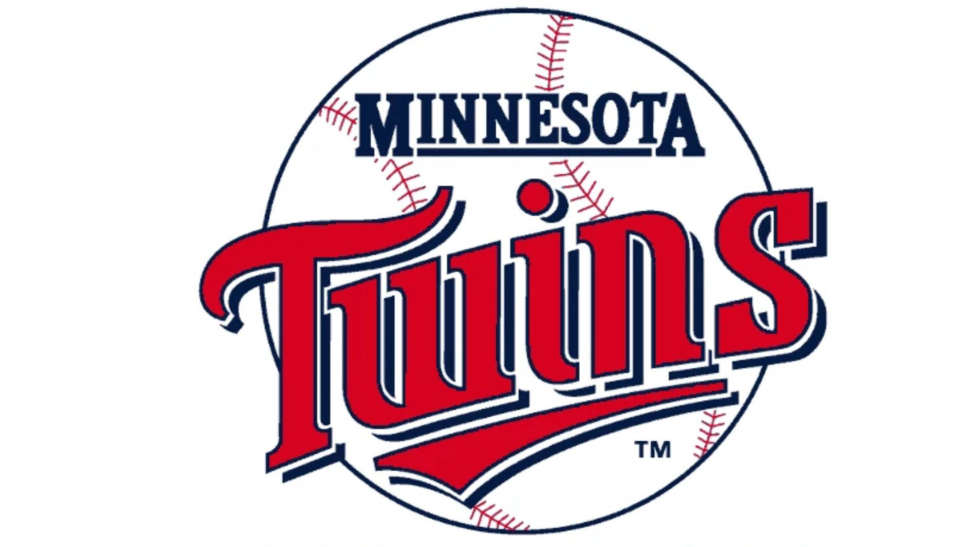twins 桌布 壁紙 — 明尼蘇達雙城棒球隊標誌，白色棒球縫線圓圈上帶有紅色字體和海軍藍文字。