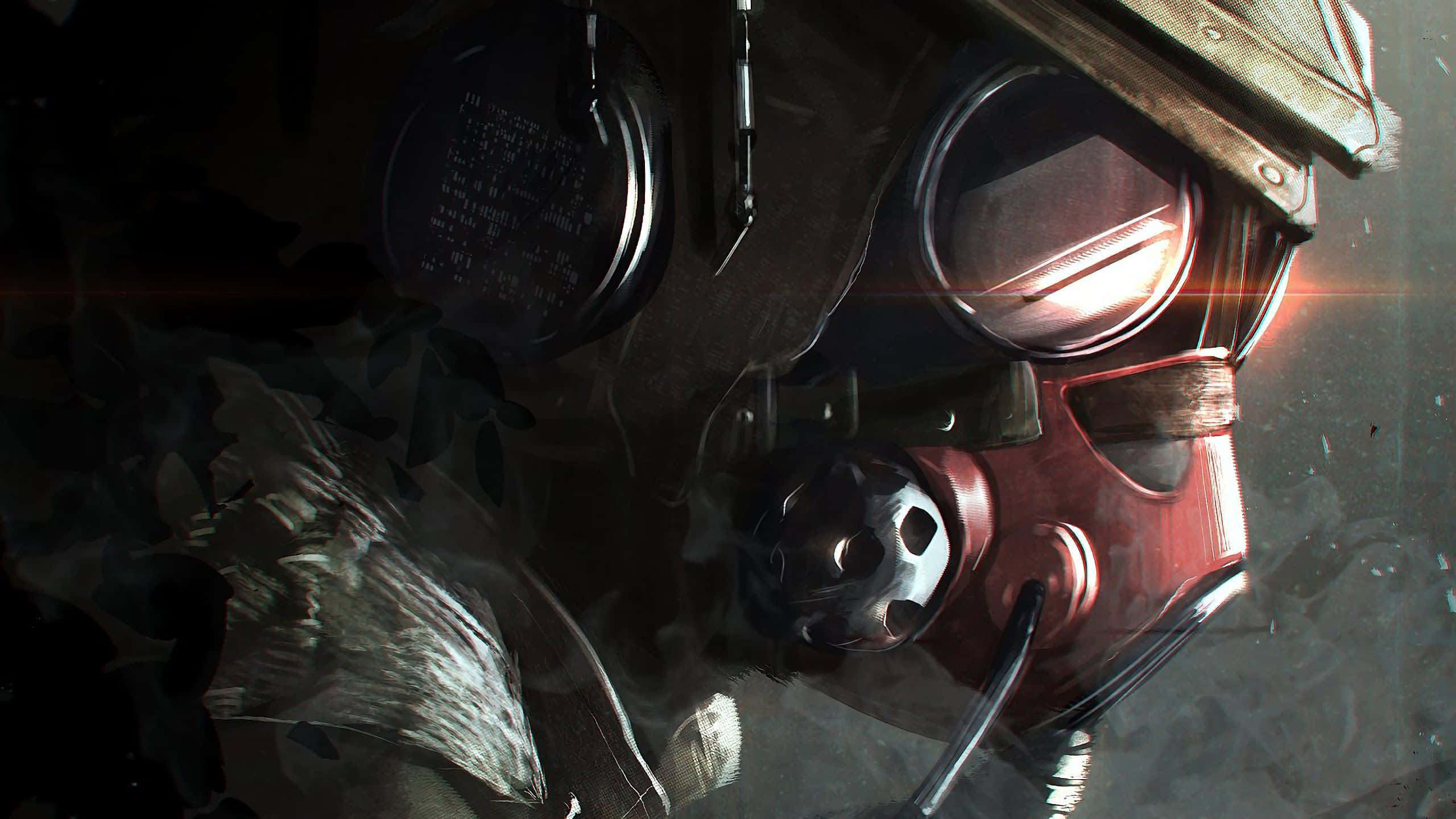 Apex Legends Bloodhound 桌布 壁紙 — 昏暗光線中，帶有發光鏡片和迷彩布料的紅黑防毒面具特寫。