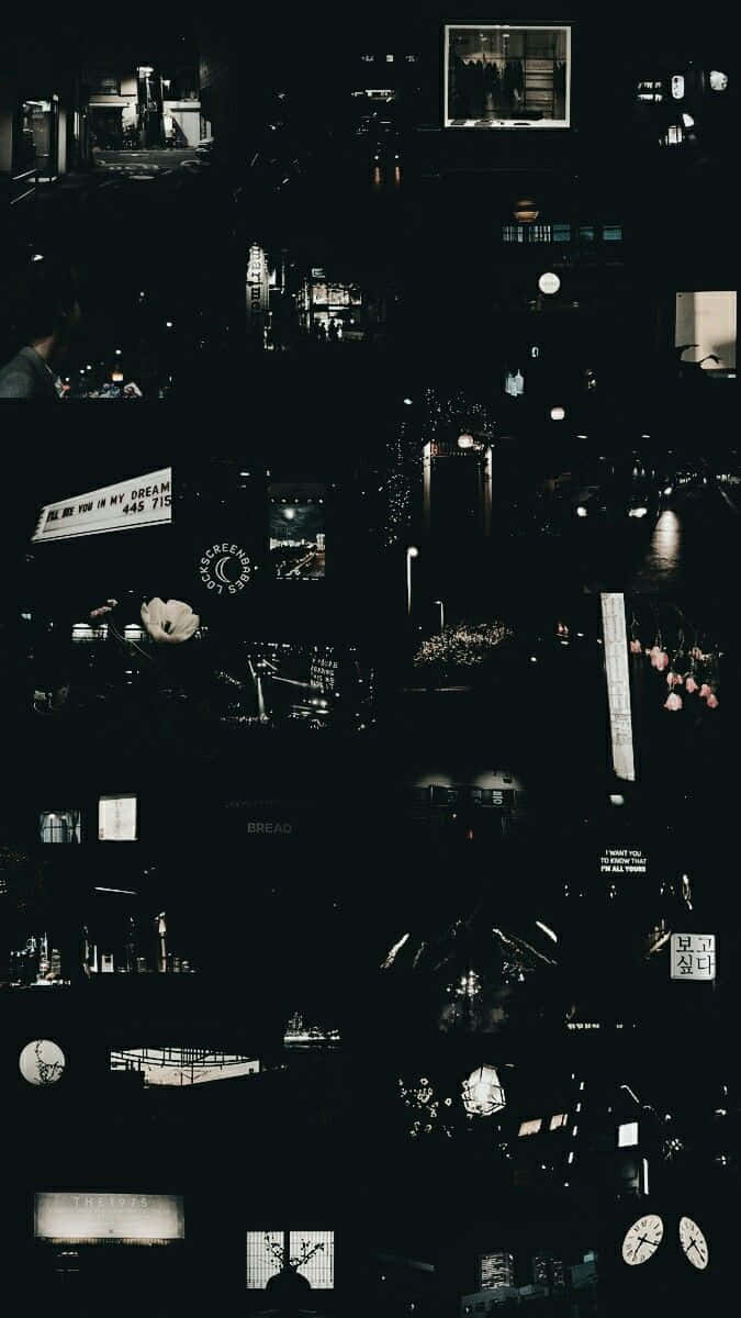 Black Retro 桌布 壁紙 — 昏暗城市夜景的拼貼畫，帶有發光標誌和濕漉漉街道上的倒影。