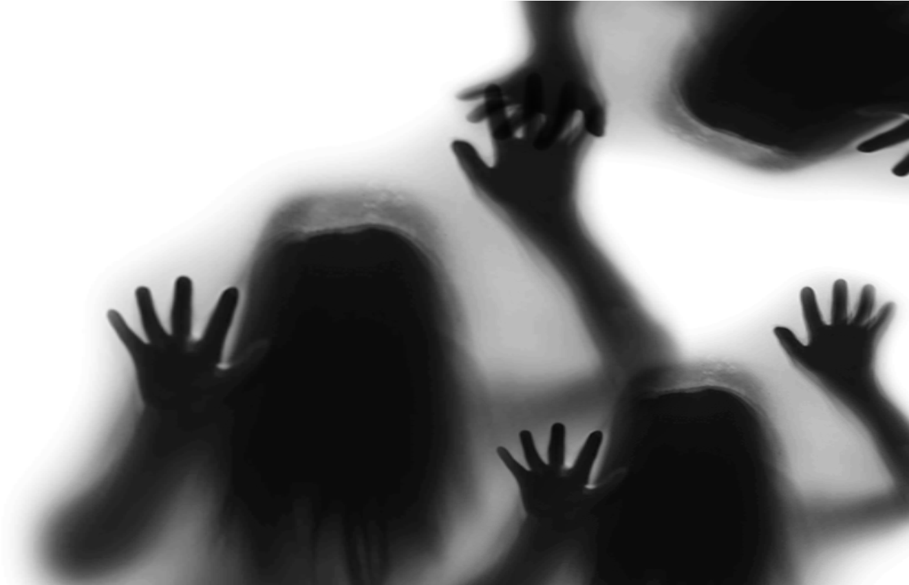 詭異的GIF 桌布 壁紙 — 昏暗場景中多隻手和頭部壓在玻璃表面上的深色剪影。