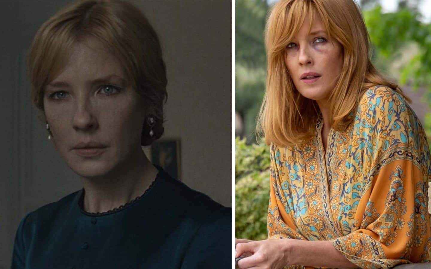 Kelly Reilly 桌布 壁紙 — 昏暗室內燈光下的女性與明亮戶外環境中穿著圖案襯衫的另一位女性的分割肖像。