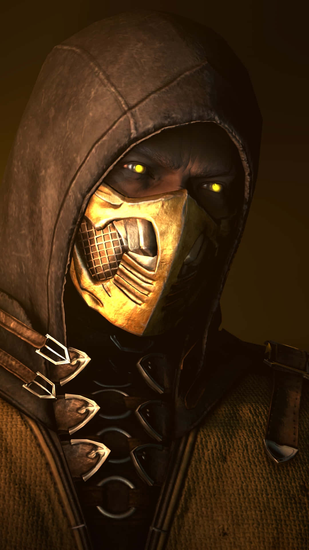 Mortal Kombat Scorpion 桌布 壁紙 — 昏暗燈光下，戴著兜帽、擁有發光黃色眼睛和華麗金色面具的戰士特寫。
