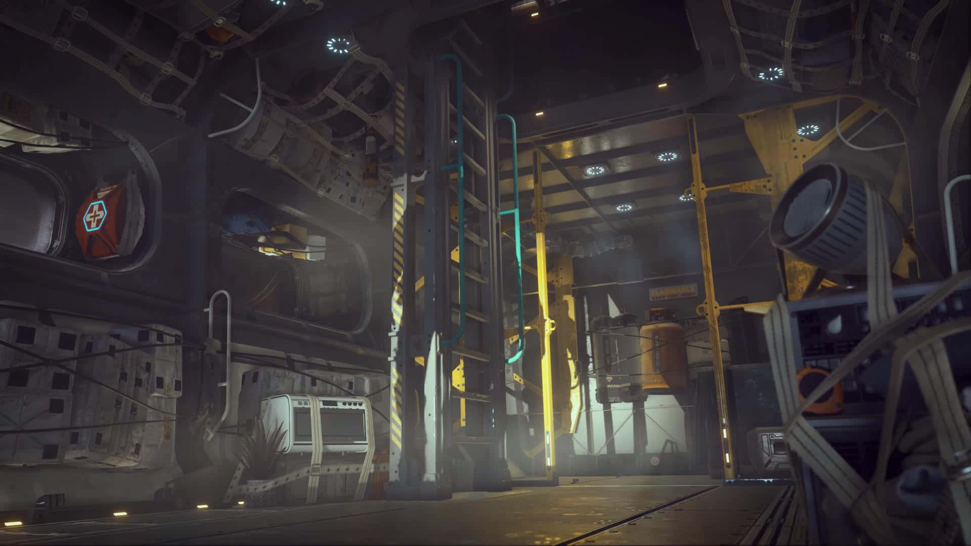The Coruscant Underworld 桌布 壁紙 — 昏暗的工業太空船內部，發光的管道和散落的設備在朦朧燈光下。