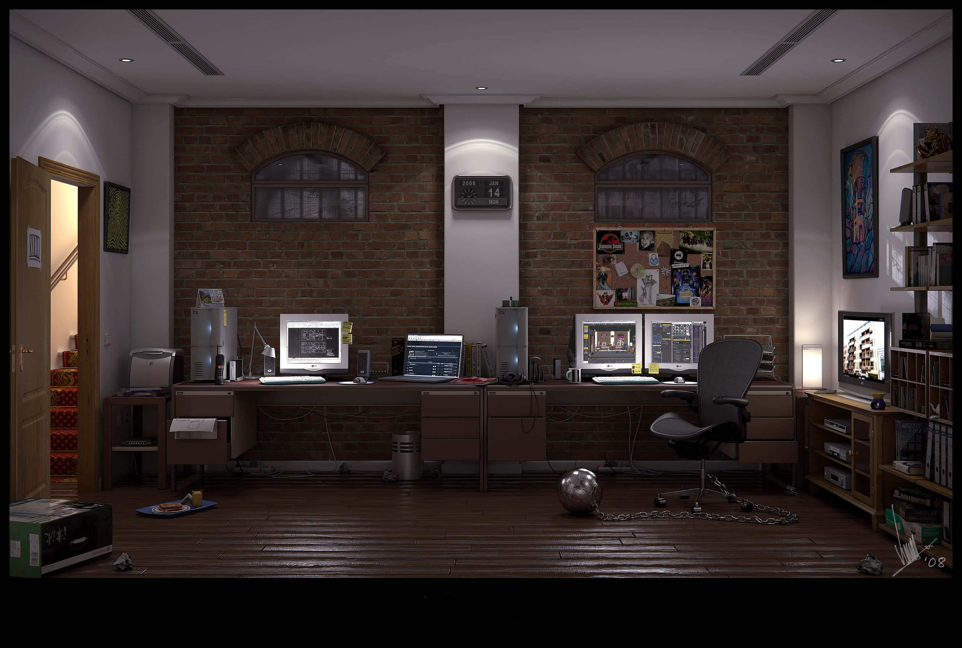 Office Space 桌布 壁紙 — 昏暗的復古遊戲玩家房間，磚牆、多個顯示器和木地板上的銀色球。