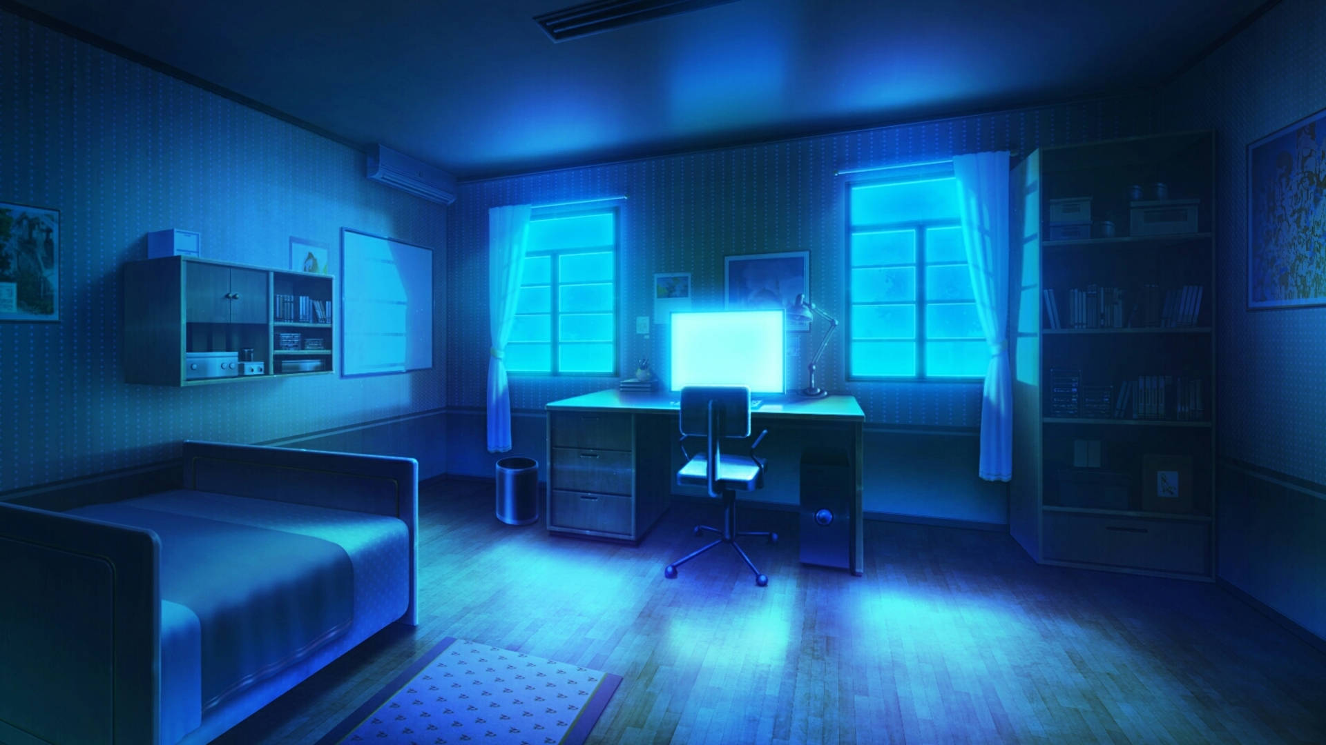 Bedroom 桌布 壁紙 — 昏暗的臥室沐浴在發光的電腦顯示器和窗戶散發的冷藍色光芒中，在木地板上投下長長的陰影。