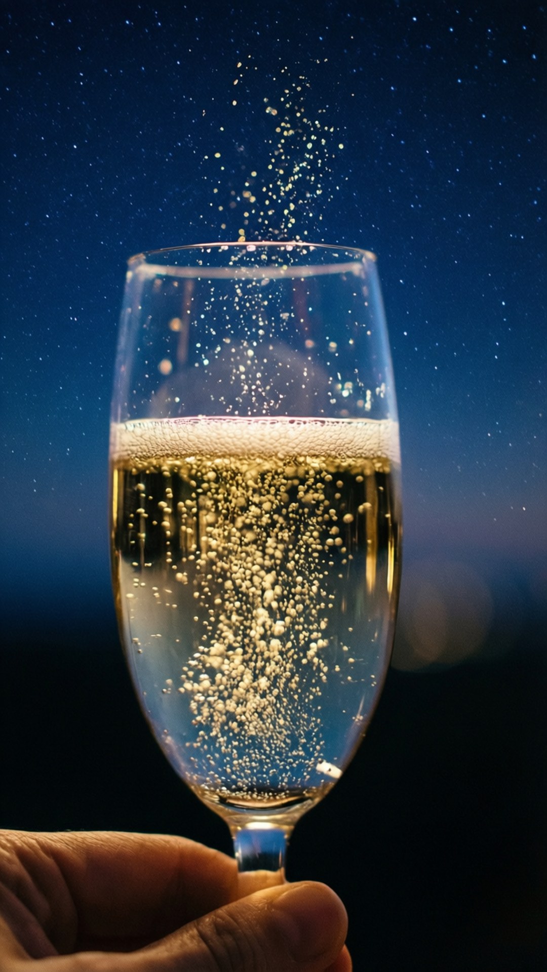 星光下的氣泡酒 壁紙 — 一隻手拿著香檳杯，金色的氣泡在繁星點點的夜空背景下升起。