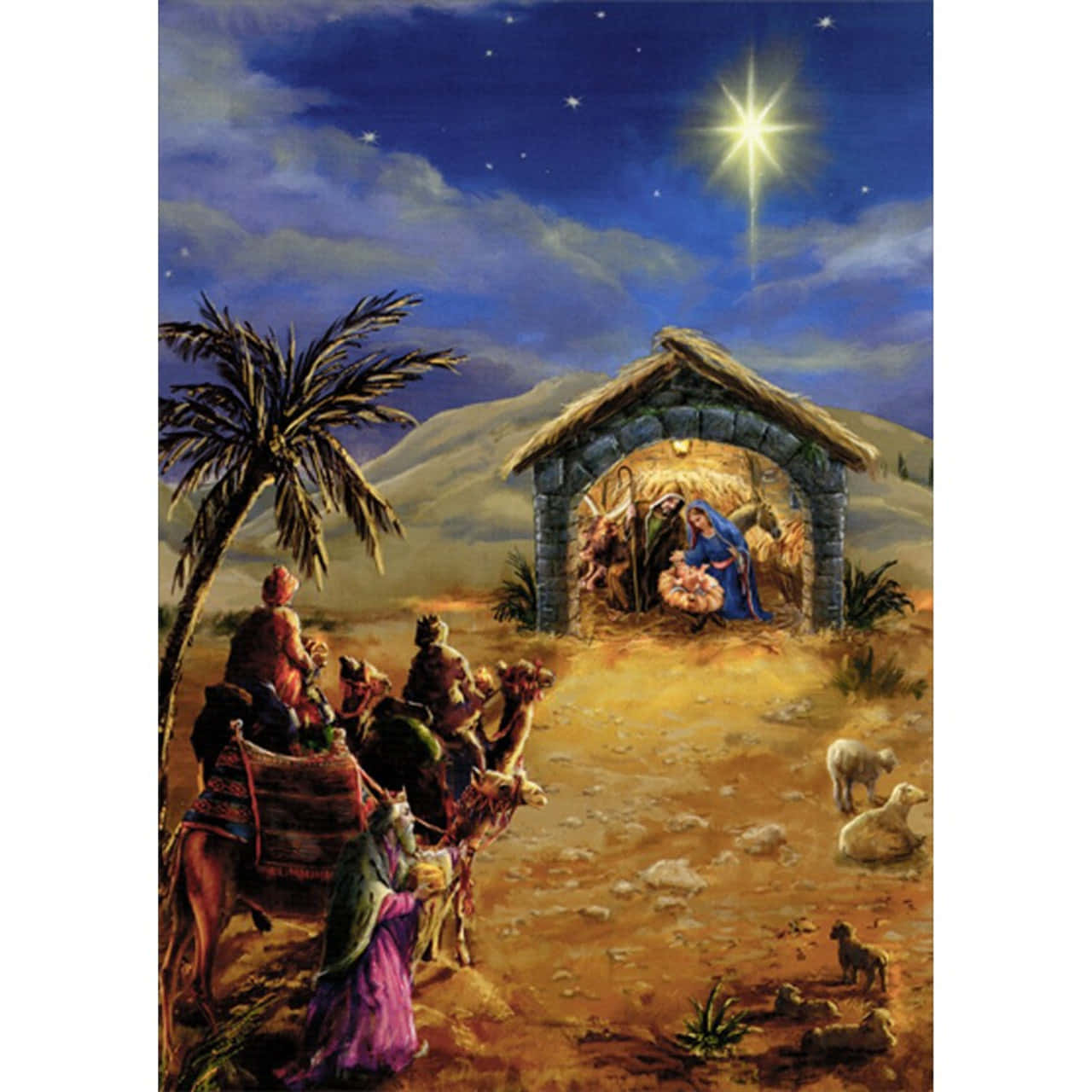 Religious Christmas 桌布 壁紙 — 星光下的耶穌誕生場景，瑪利亞在石馬槽中抱著嬰兒耶穌，智者騎著駱駝在沙漠天空下到來。