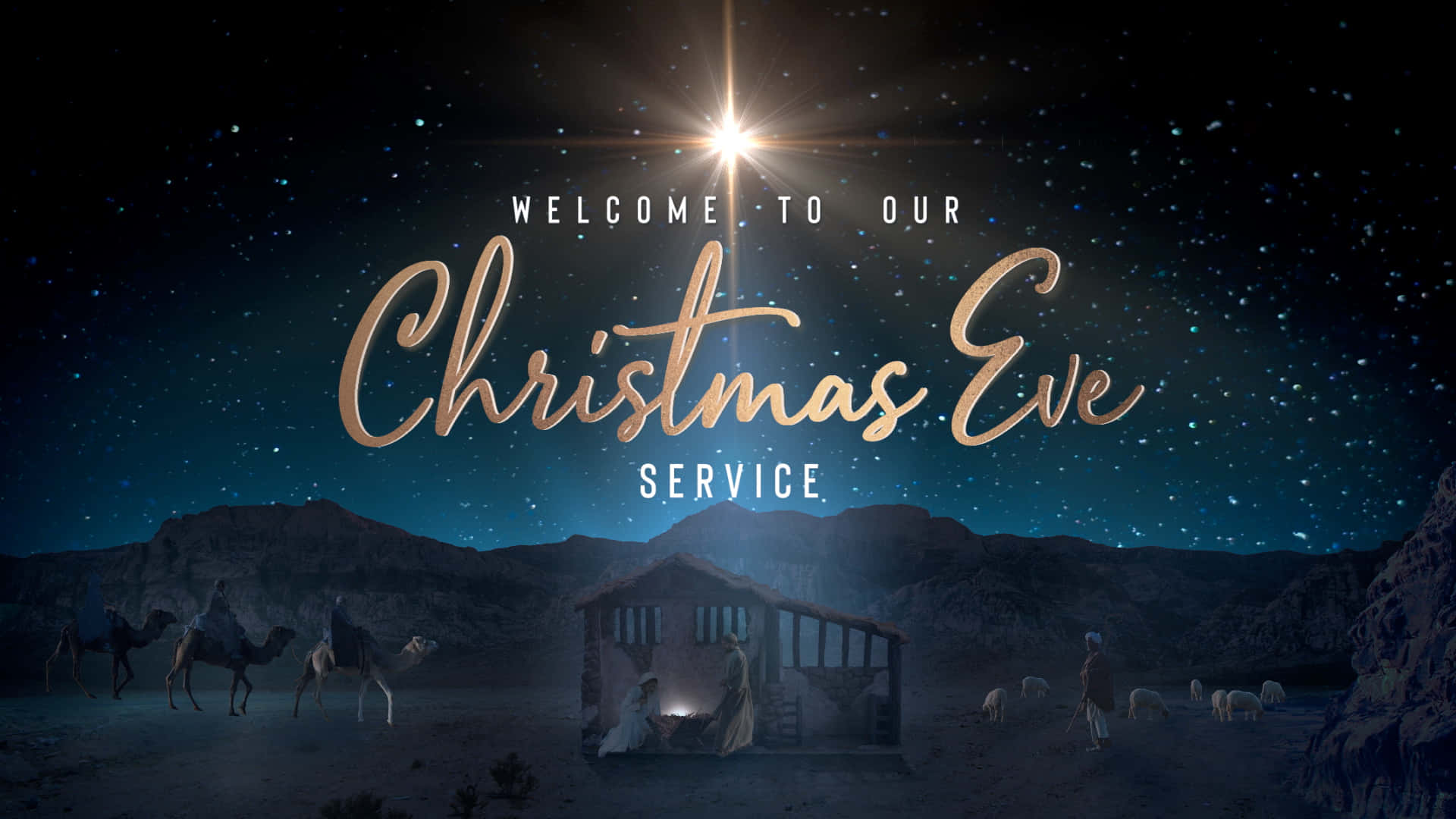 Christmas Eve 桌布 壁紙 — 星光燦爛的沙漠之夜，發光的耶穌誕生場景、駱駝和牧羊人，在天空之下。