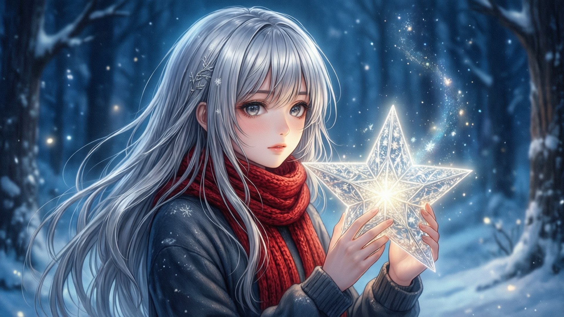 星光雪林 壁紙 — 一位銀髮動漫女孩在雪森林中手持一顆發光的星星，雪花在她周圍飄舞。