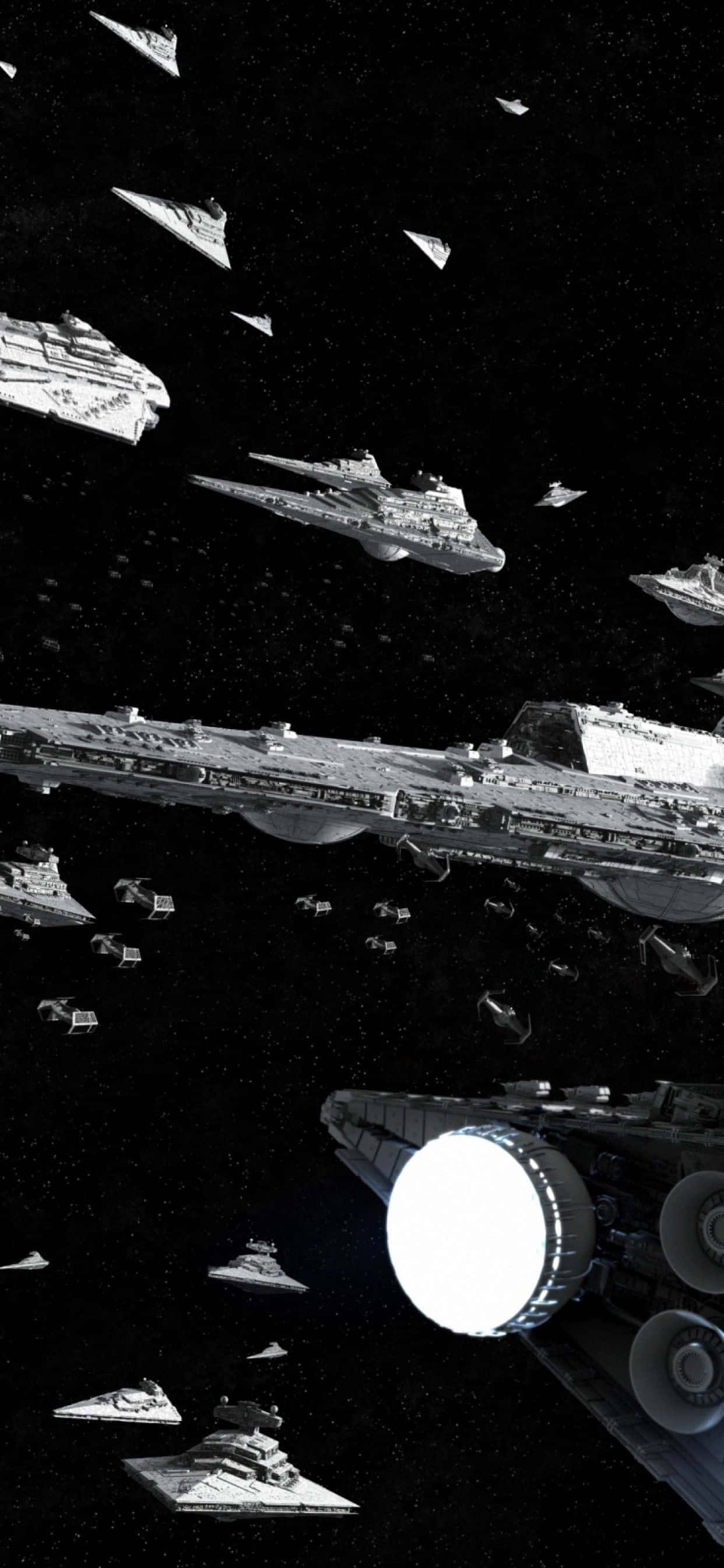 Star Wars Phone 桌布 壁紙 — 星域中星際驅逐艦和TIE戰鬥機之間的戲劇性黑白太空戰鬥。