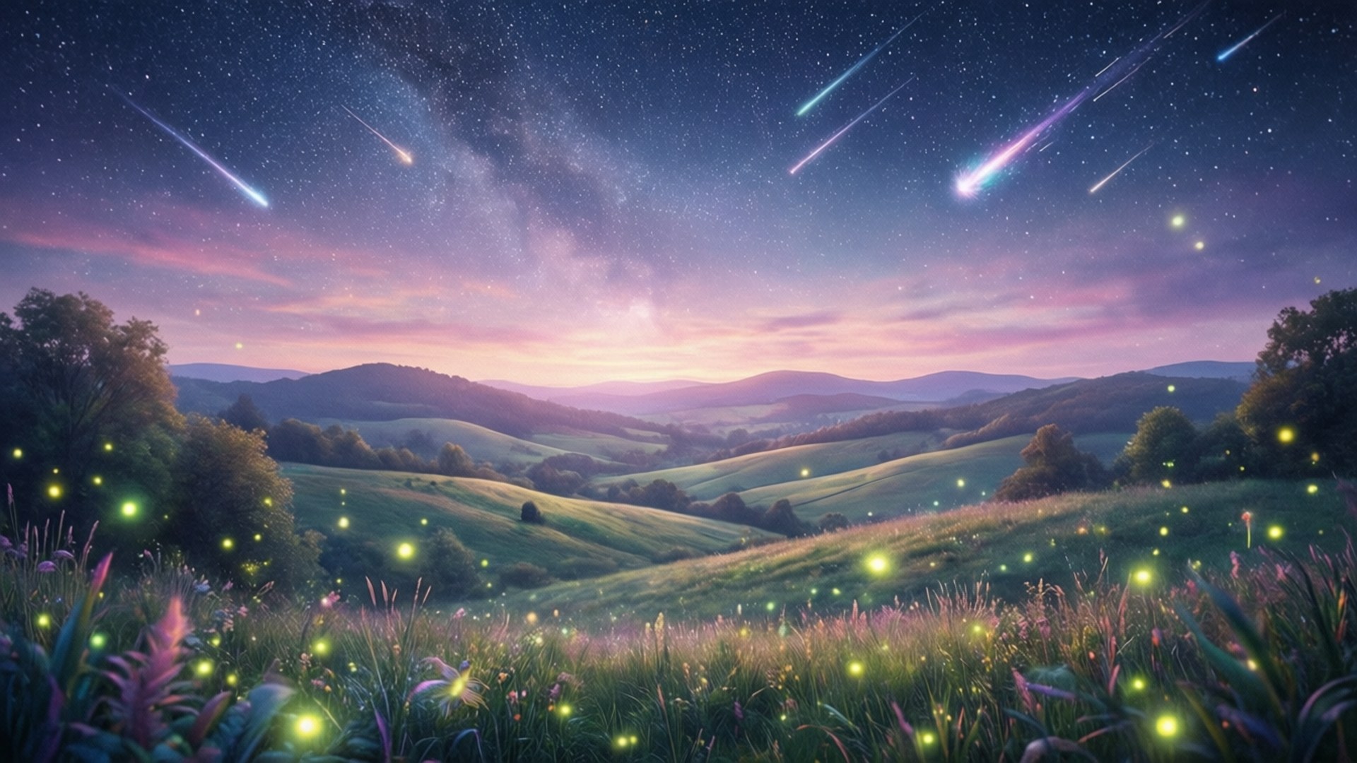 星夜梦境 壁紙 — 一個神奇的暮色景觀，有連綿起伏的綠色山丘、在繁星點點的天空下閃爍的螢火蟲，天空中有流星劃過。