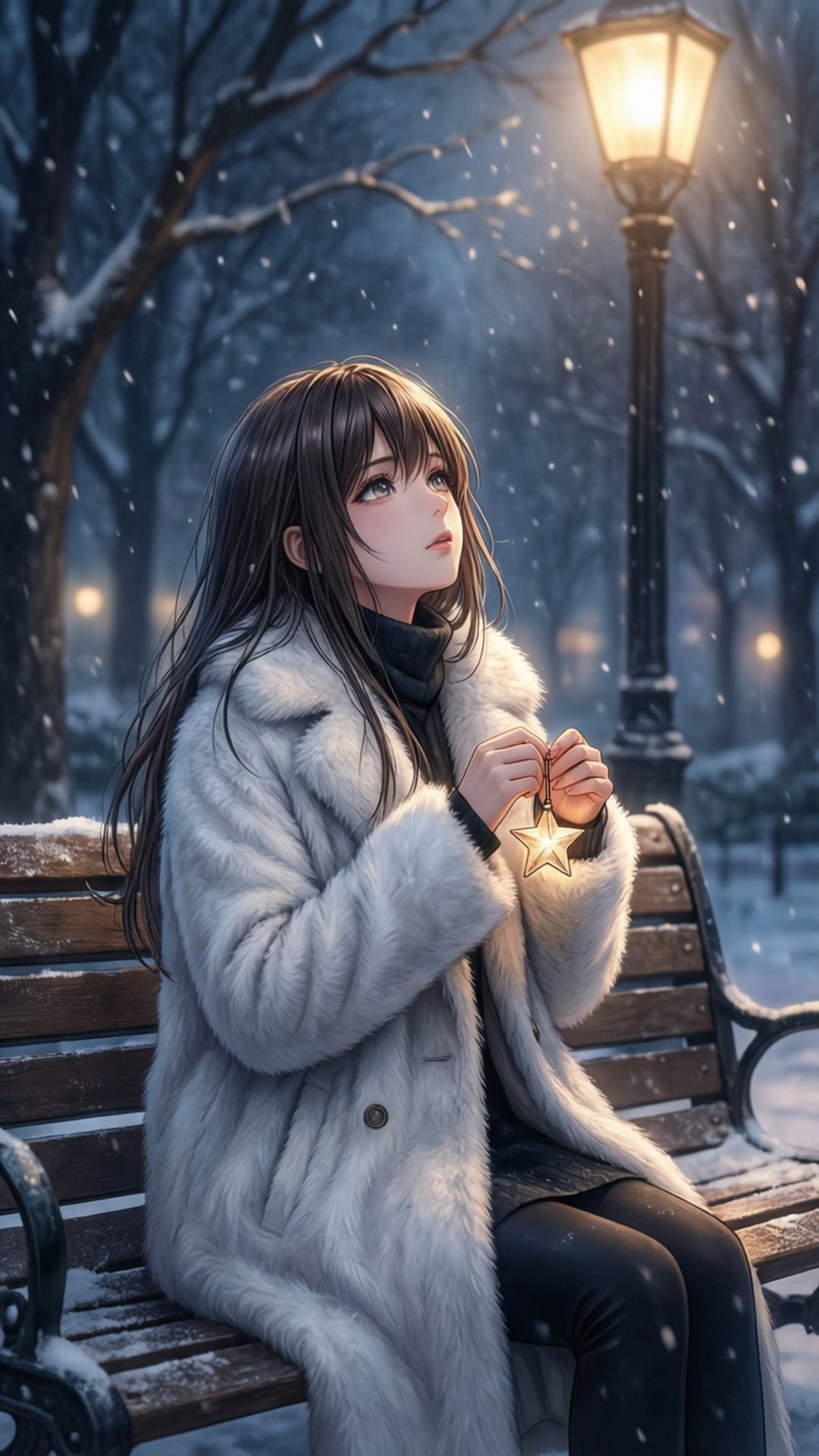 星夜雪景 壁紙 — 一位年輕女性穿著蓬鬆的白色外套，坐在雪地長椅上，在冬季公園的路燈下拿著一顆發光的星星。