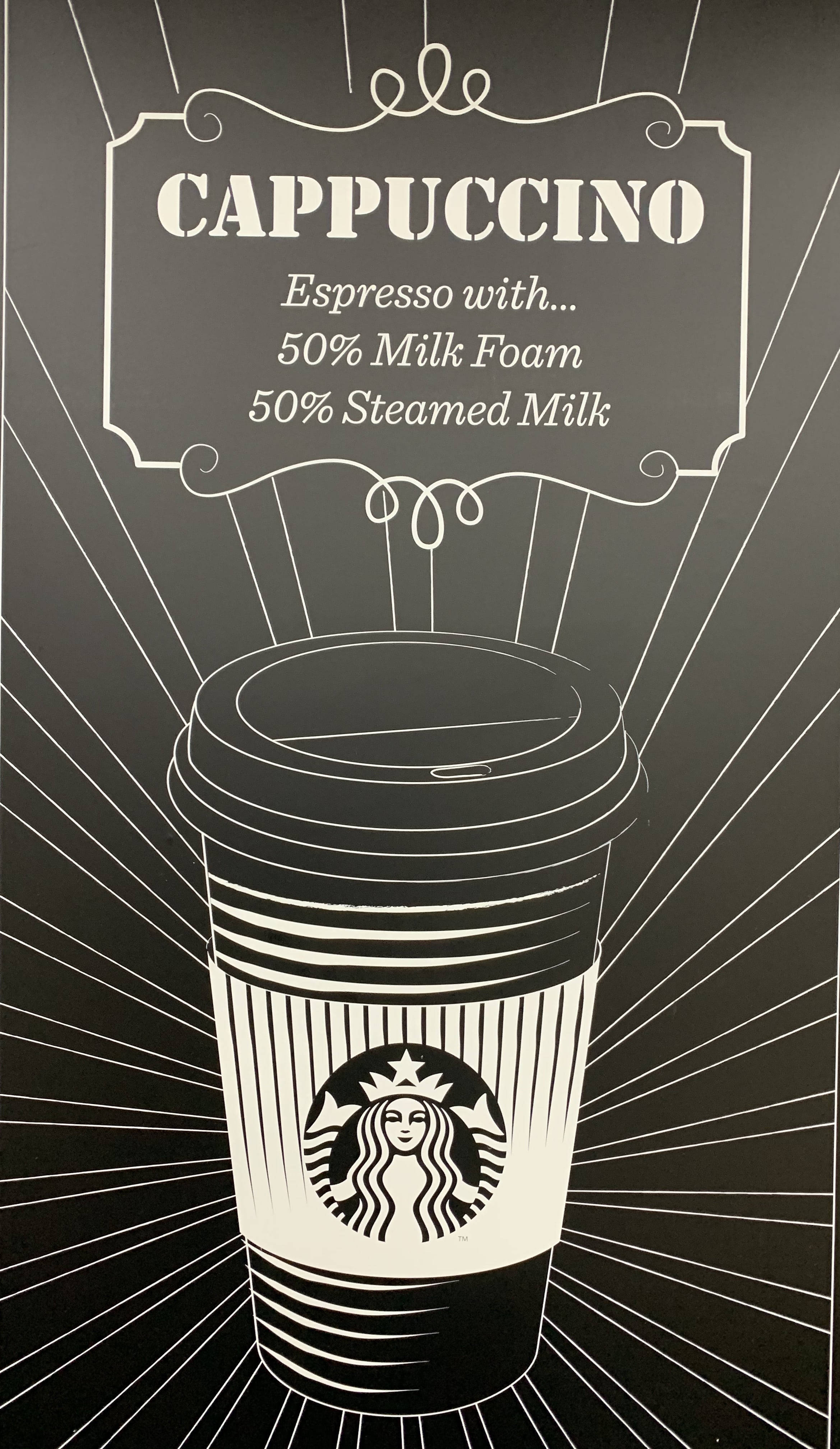 黑白插圖星巴克卡布奇諾杯，附5050奶泡說明。 — 星巴克 GIF 壁紙
