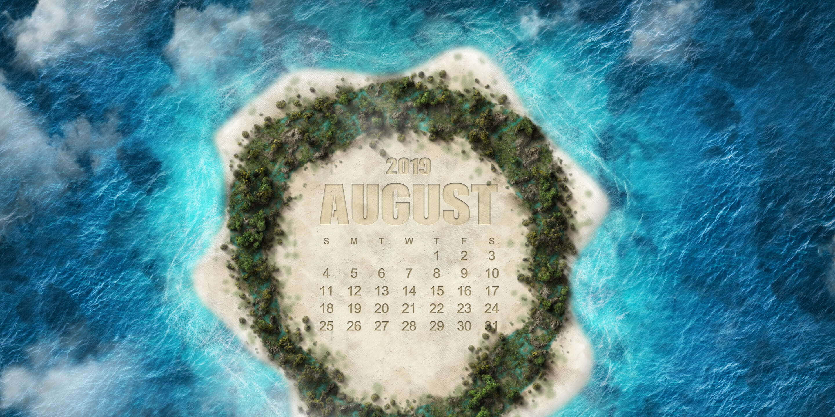 八月 桌布 壁紙 — 星形熱帶島嶼的鳥瞰圖，沙質中心嵌有2019年8月的日曆。