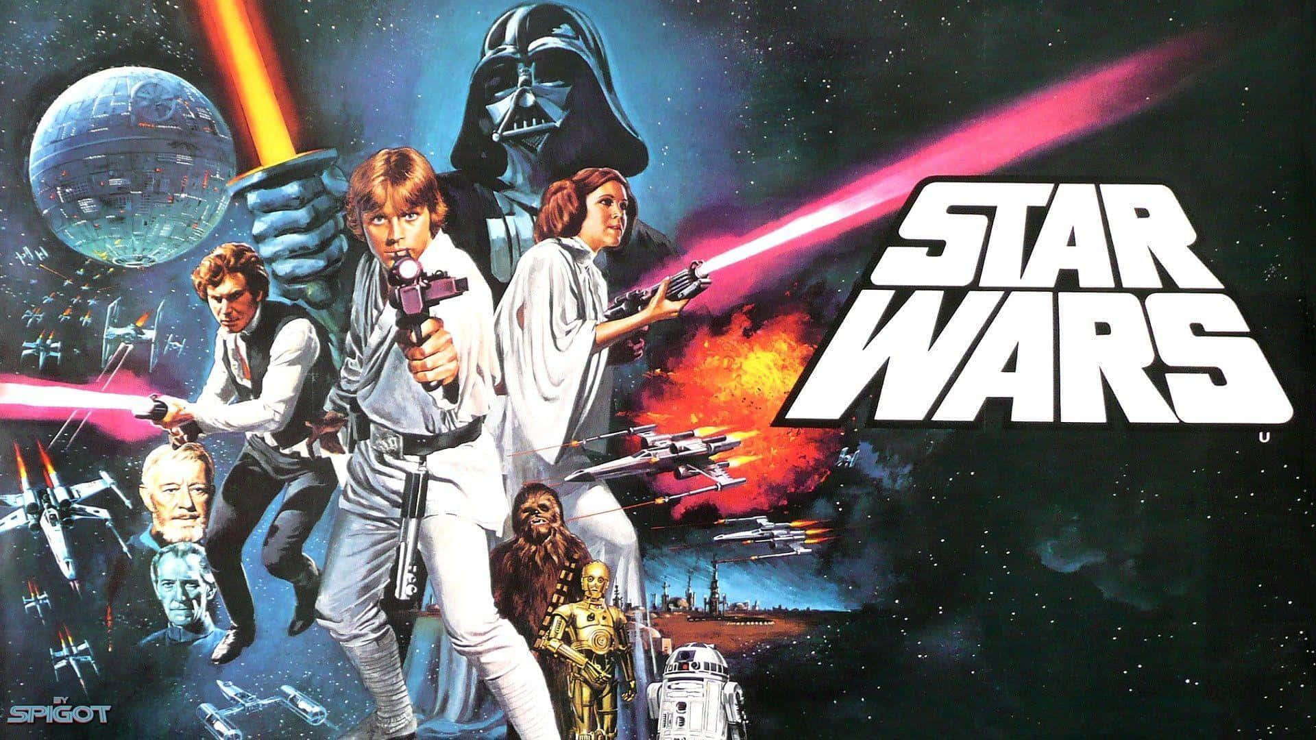 桌布 壁紙 — 星戰海報，展示Luke、Leia、Han Solo和Darth Vader在太空中，伴隨X-Wings、TIE戰機和死星。