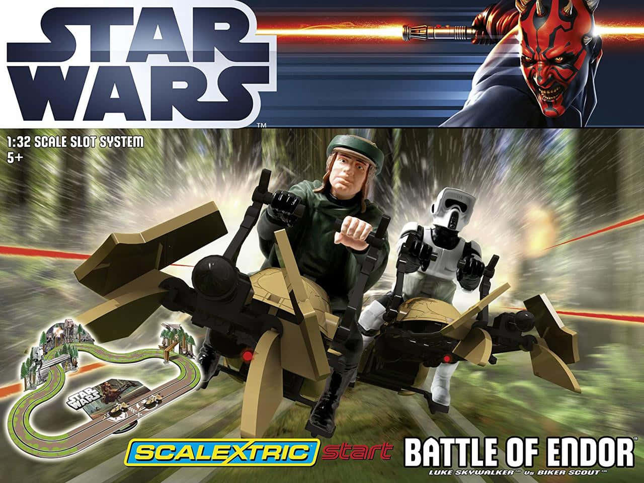 The Battle Of Endor 桌布 壁紙 — 星戰玩具包裝展示路克·天行者和一名機車偵察兵在恩多戰役期間騎著飛車穿越森林競速。