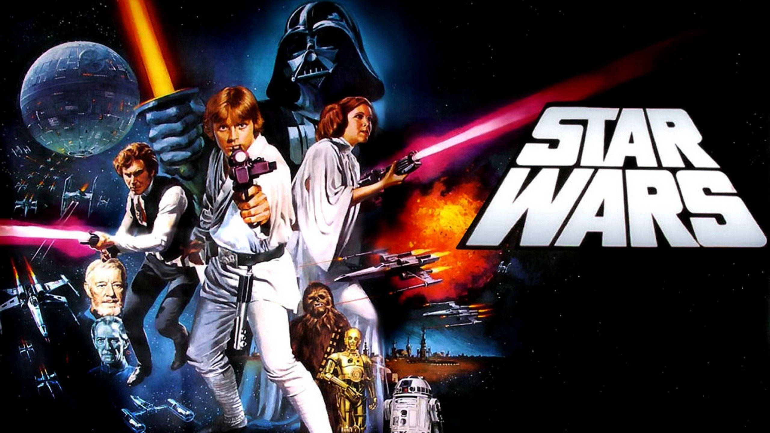 Star Wars Luke Skywalker 4K 桌布 壁紙 — 星戰角色包括Luke、Leia和Darth Vader，在宇宙背景下與太空船和死星英勇地站立。