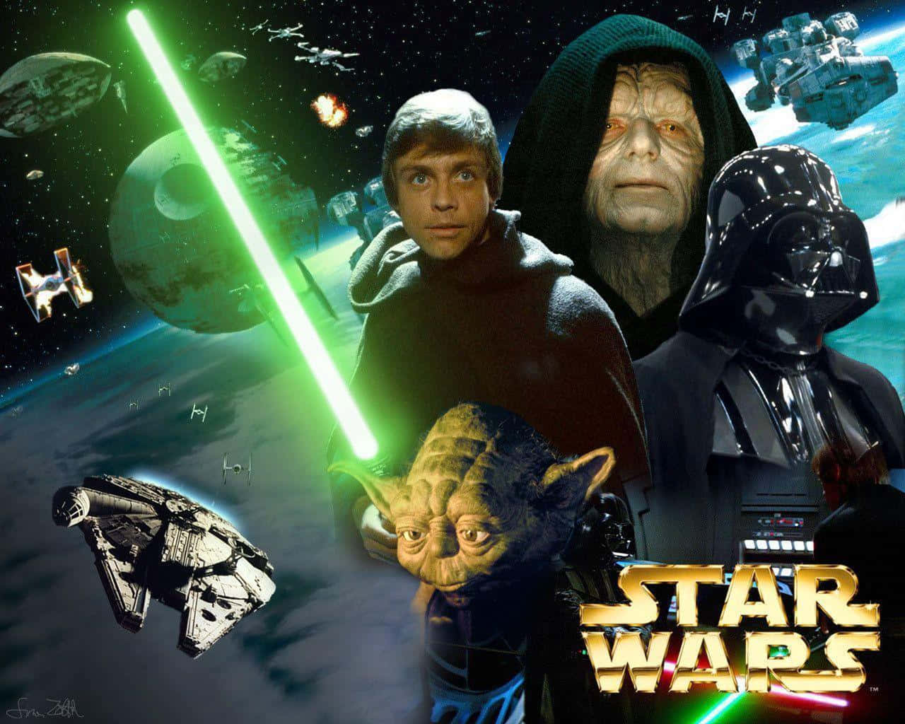 Star Wars Characters 桌布 壁紙 — 星戰角色包括Luke Skywalker、Yoda、Darth Vader和Emperor Palpatine，站在宇宙背景下，有太空船和綠色光劍。