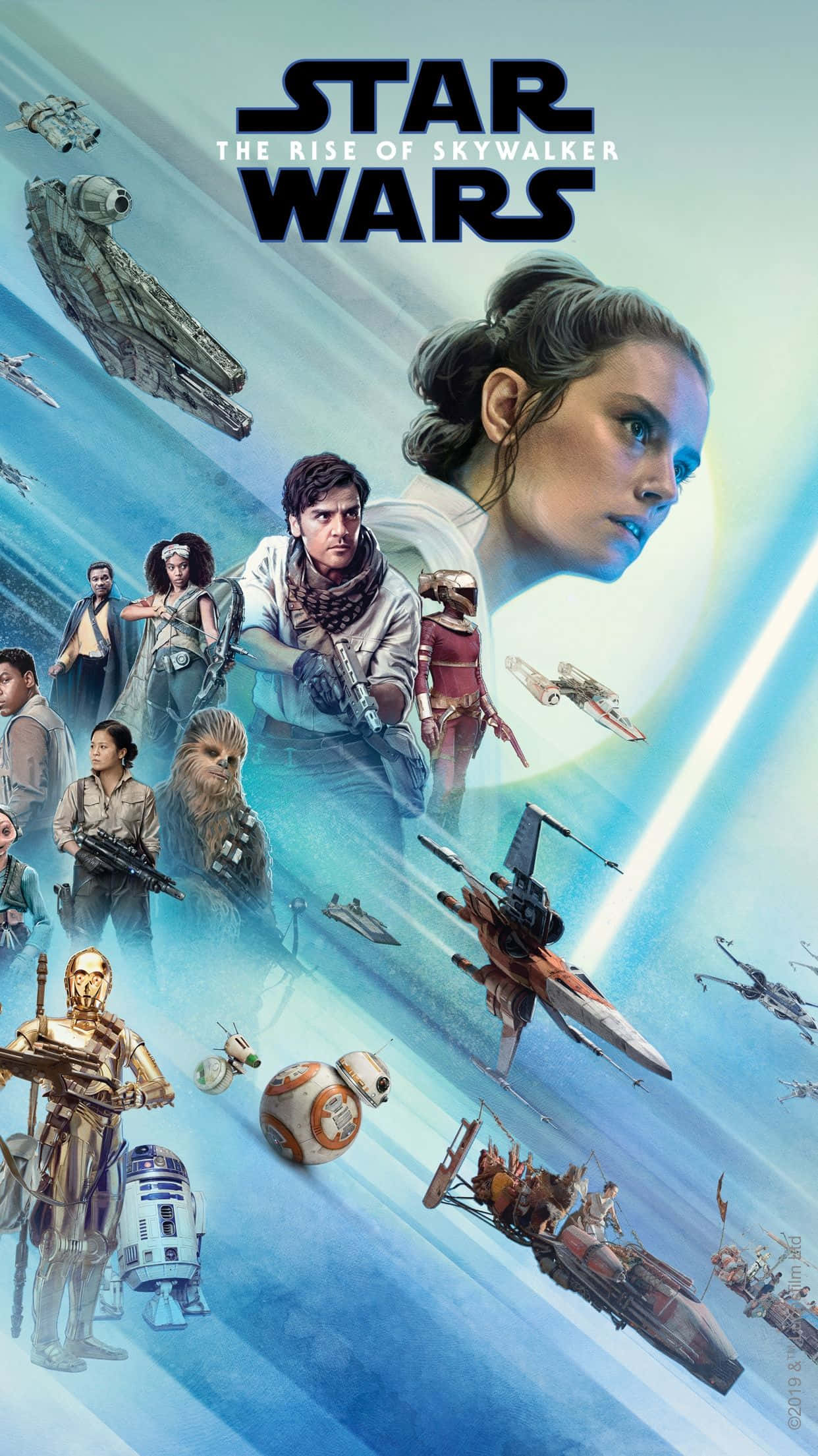 Star Wars Characters 桌布 壁紙 — 星戰角色和太空船在明亮的太陽下，於發光的藍色太空戰場中翱翔。