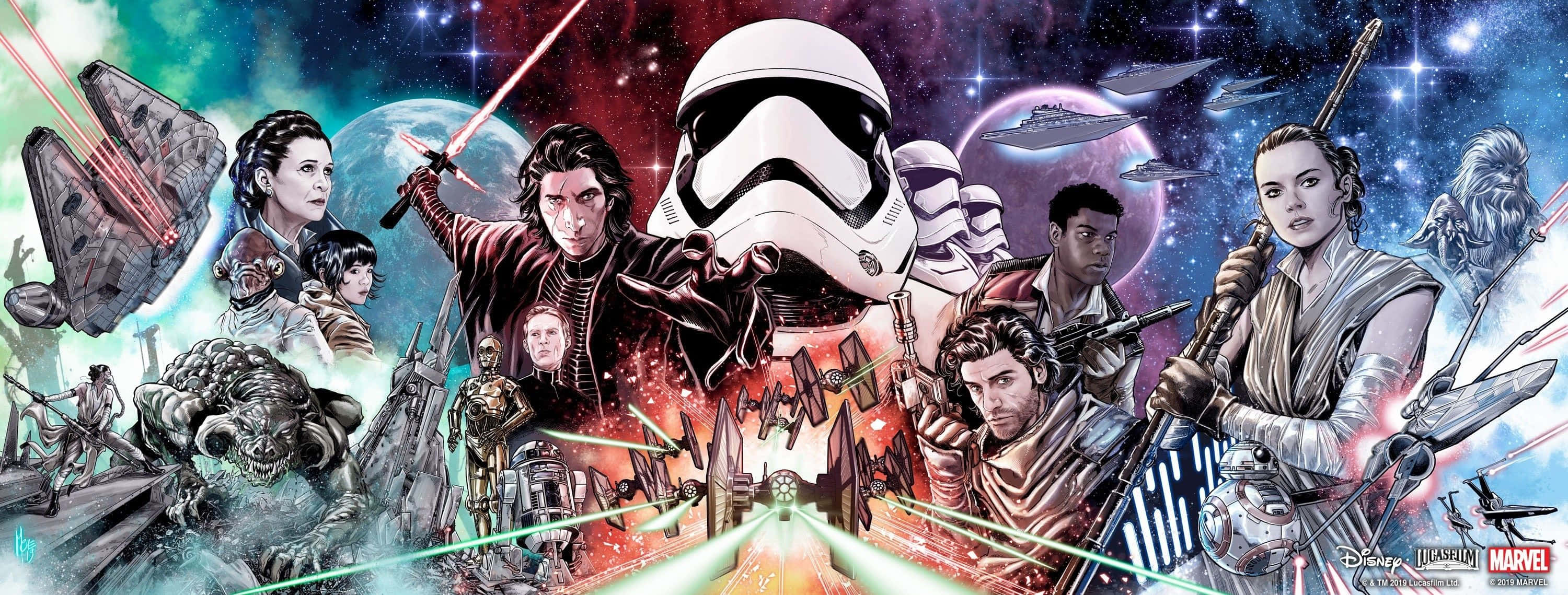 Star Wars Characters 桌布 壁紙 — 星戰角色在宇宙飛船和行星的背景下用光劍戰鬥。