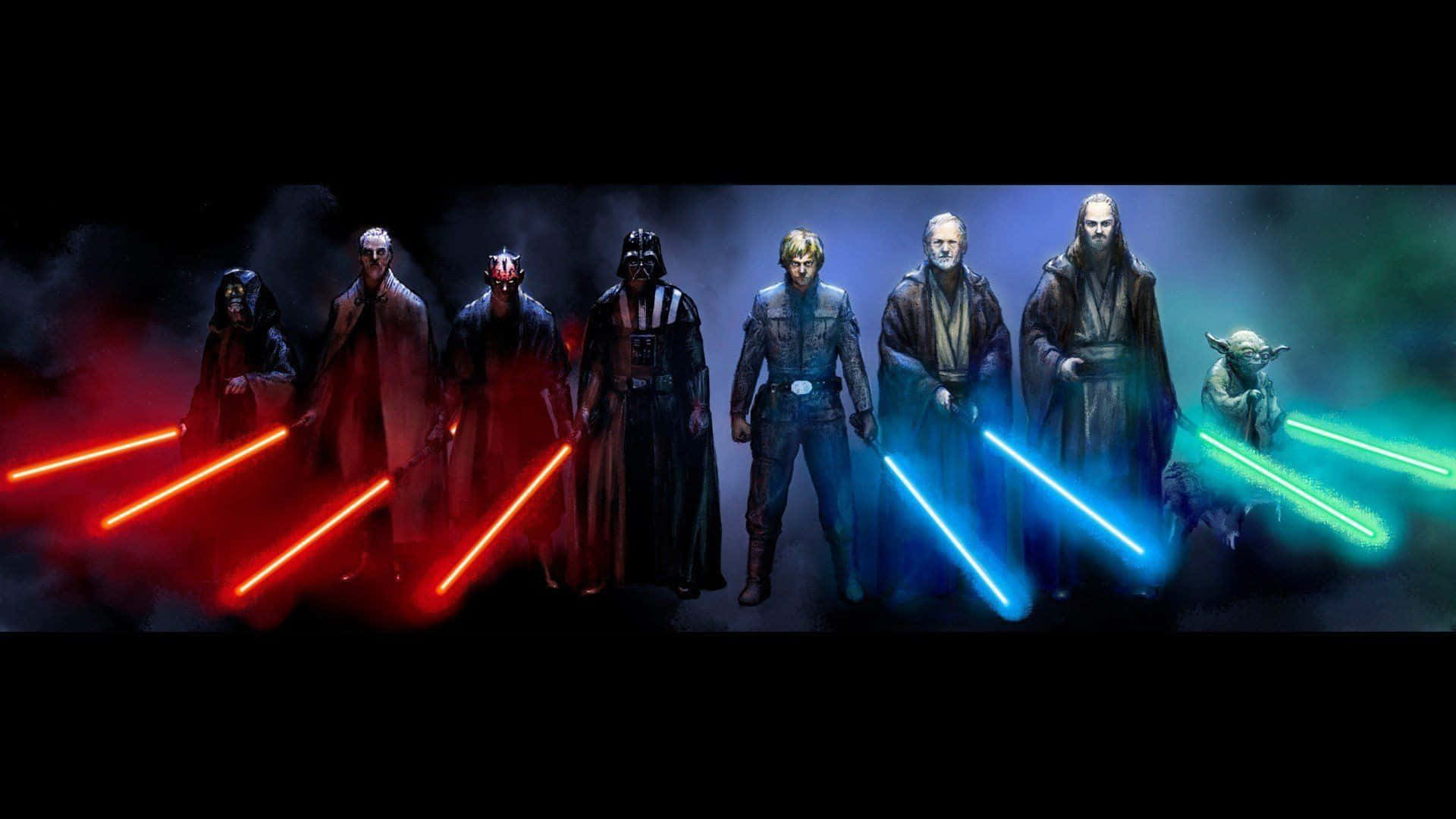 Lightsaber Duels 桌布 壁紙 — 星戰角色戲劇性地排列，手持紅色和藍色光劍，背景是黑暗煙霧彌漫。