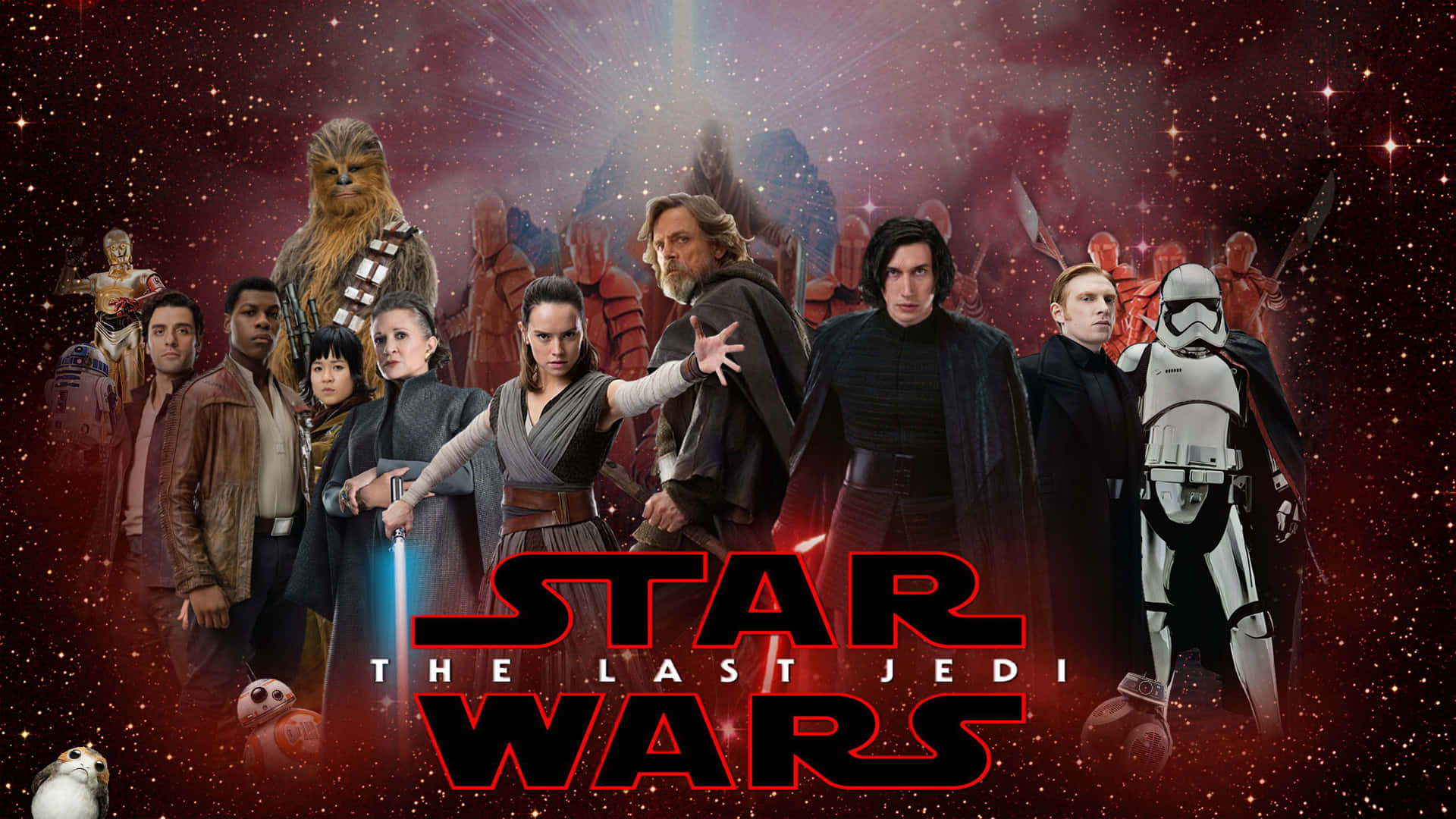 Star Wars Characters 桌布 壁紙 — 星戰角色英雄地站在宇宙紅色星空前，發光的光劍和電影標題在下方。