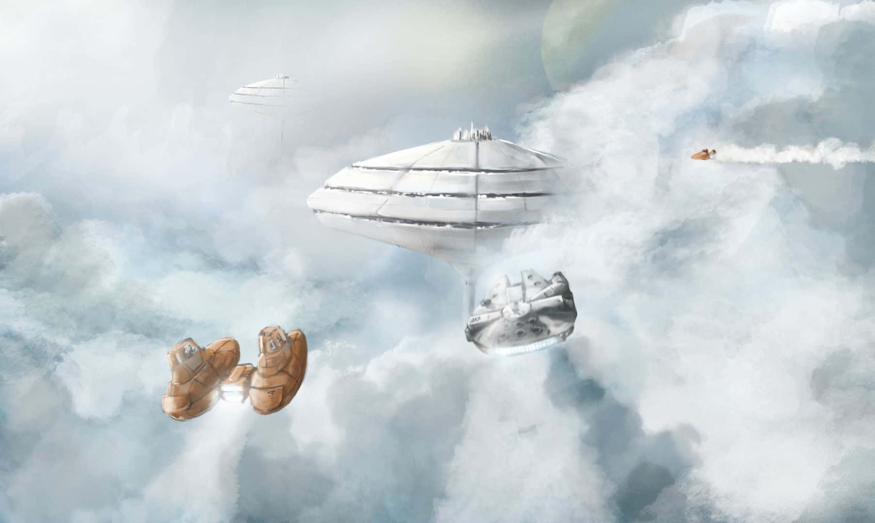 Bespin 桌布 壁紙 — 星戰飛船在迷霧雲層中翱翔，遠處有一顆行星。