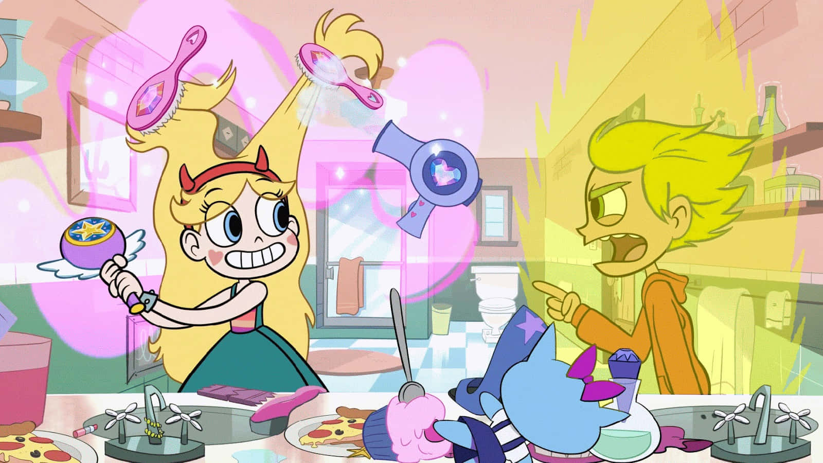 Star Vs The Forces Of Evil 桌布 壁紙 — 星星蝴蝶與她的朋友們在一個混亂、色彩繽紛的浴室中充滿活力地戰鬥，浴室裡漂浮著魔法物品和披薩。