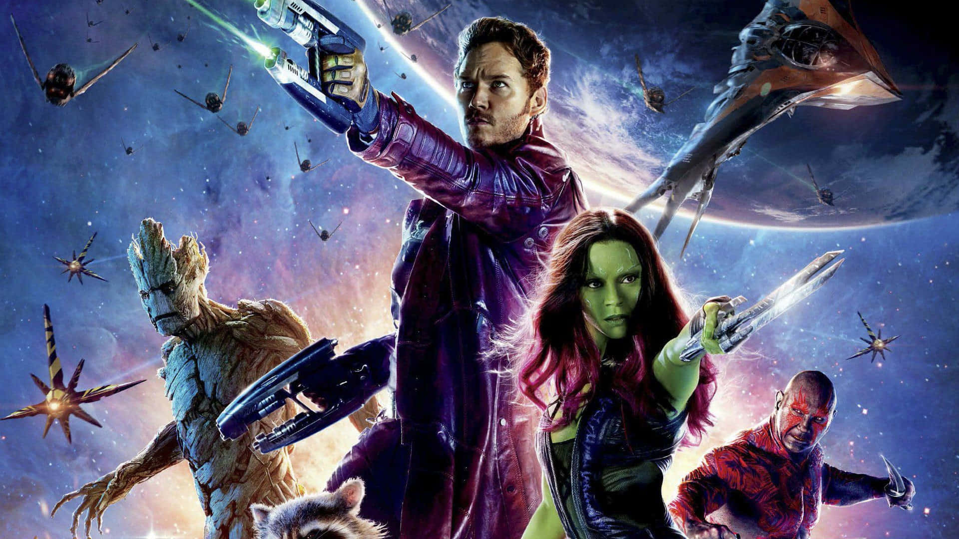 Guardians Of The Galaxy 2 桌布 壁紙 — 星爵、葛摩菈、格魯特、火箭浣熊和德克斯在太空中準備就緒，身後有飛船和行星。