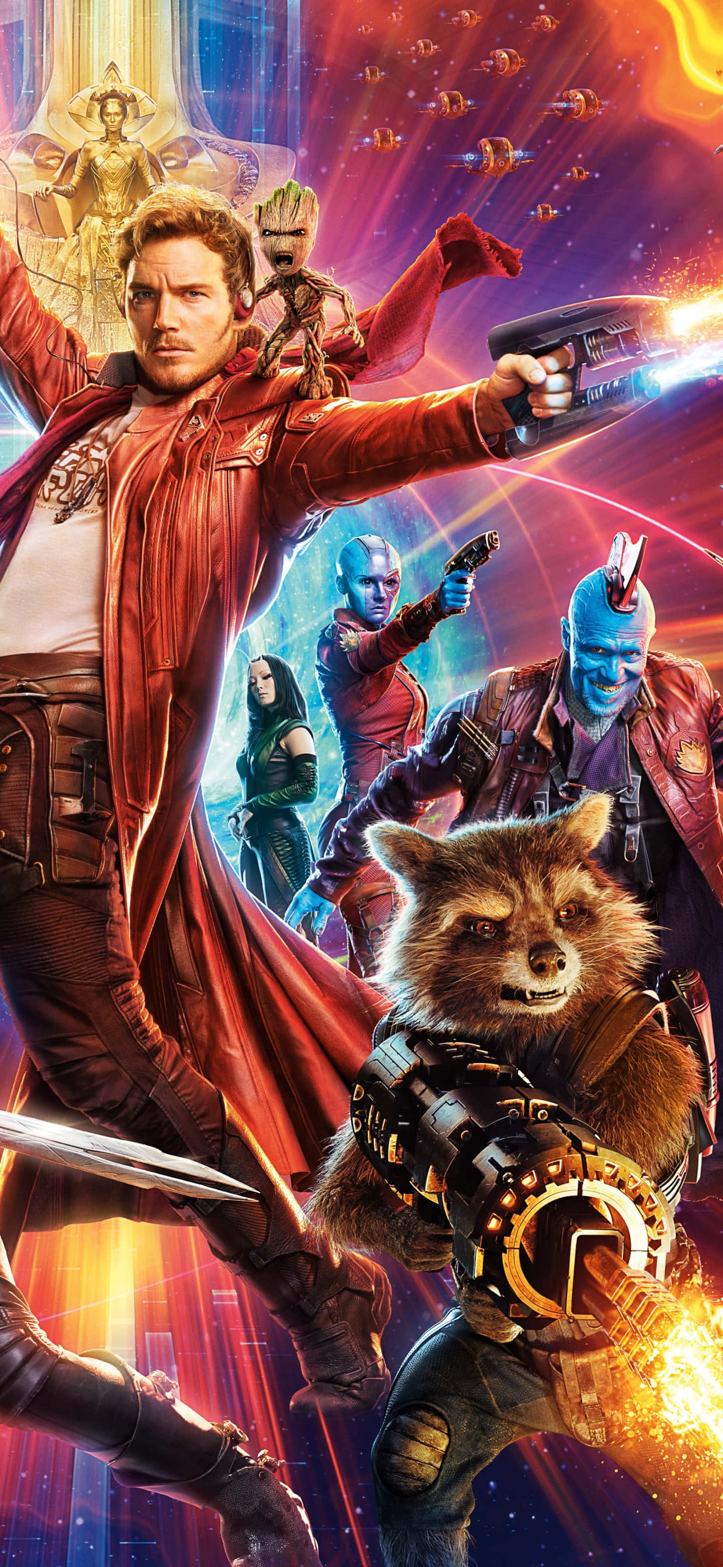 Guardians Of The Galaxy 2 桌布 壁紙 — 星爵和火箭浣熊帶領一支宇宙英雄團隊，在充滿發光武器和猛烈爆炸的動態太空戰鬥中作戰。