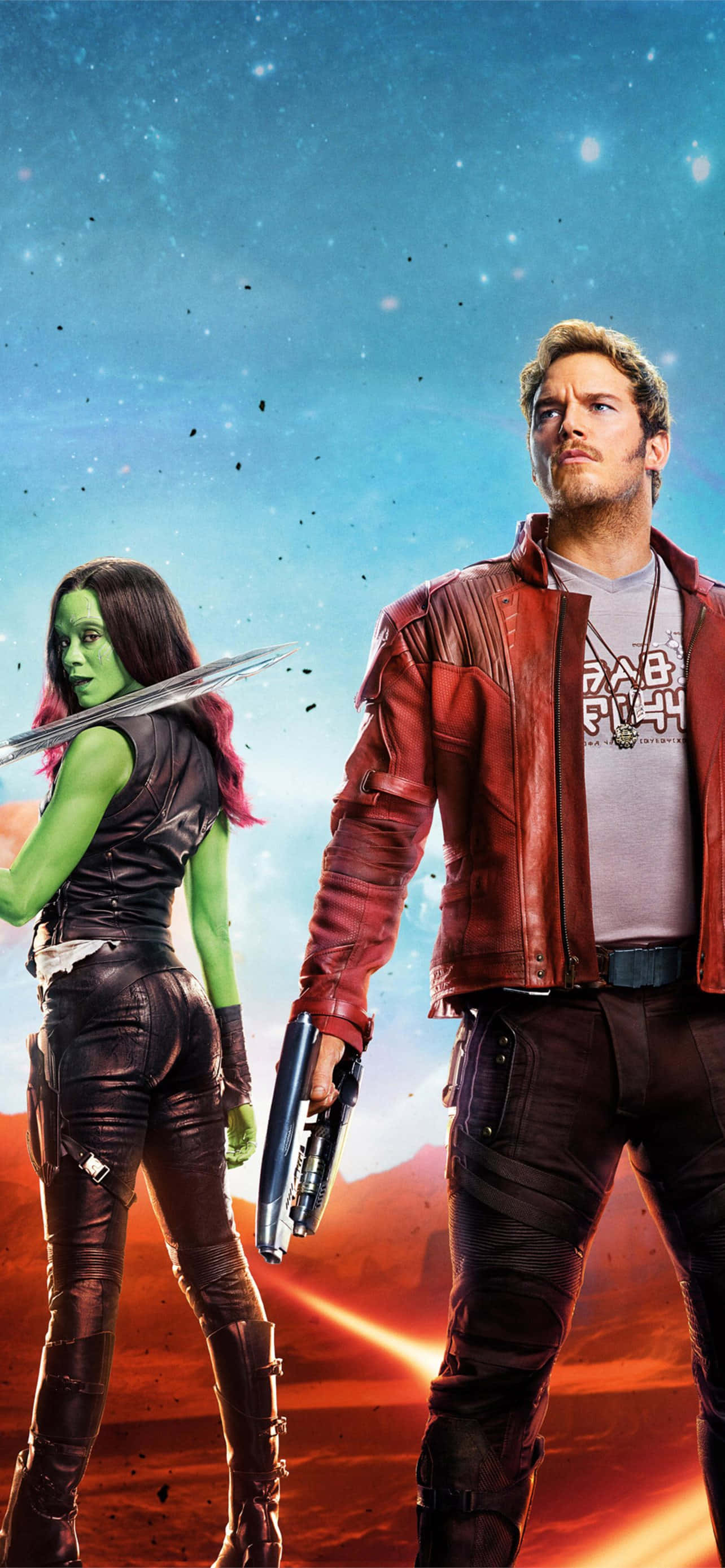 Guardians Of The Galaxy 2 桌布 壁紙 — 星爵和葛摩菈以星空和下方熾熱行星的宇宙背景，英勇地站立著。