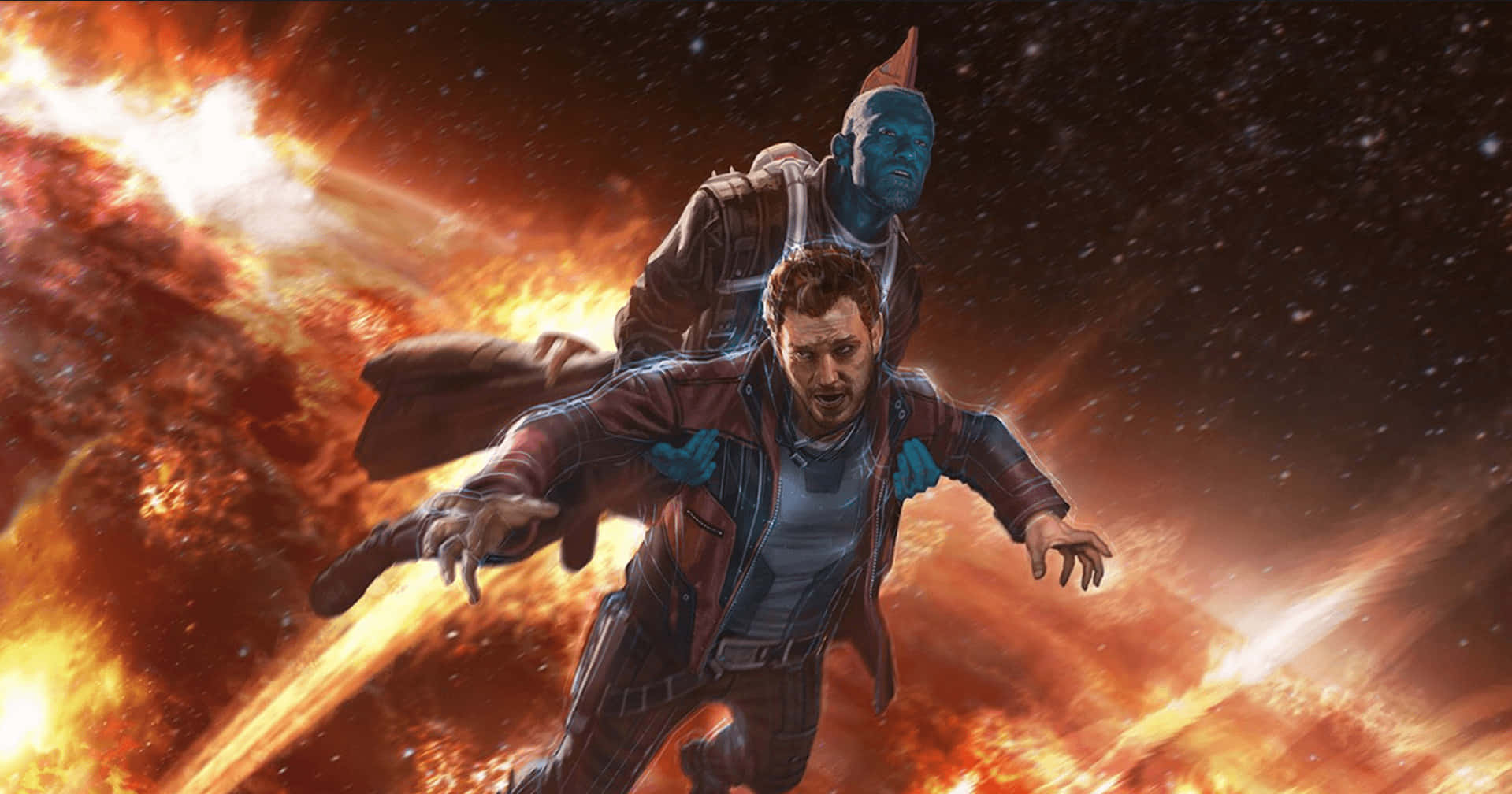 Yondu 桌布 壁紙 — 星爵和葛摩菈在星空背景下穿過熾熱的宇宙爆炸翱翔。
